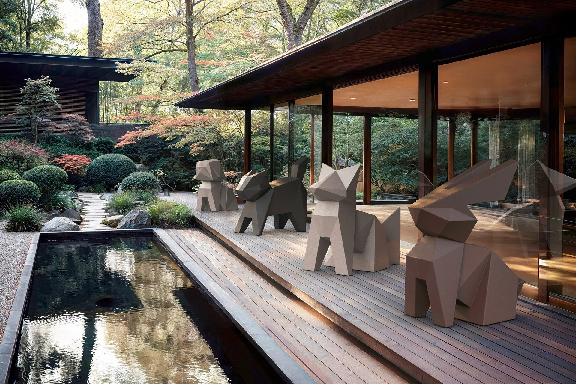 Jardín moderno con figuras de animales de estilo geométrico en una terraza de madera junto a un estanque, rodeado de árboles y plantas ornamentales.