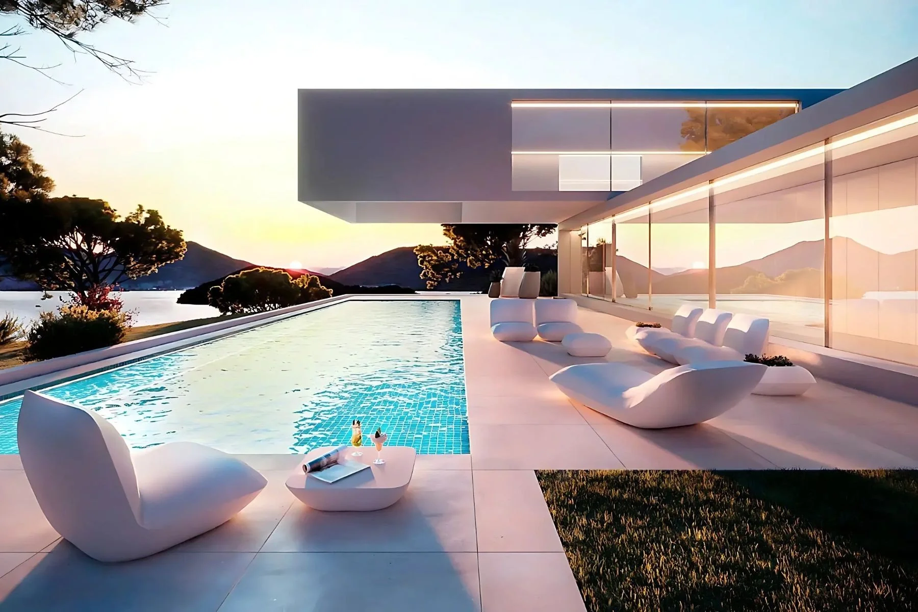Piscina moderna frente a un paisaje de montañas y lago, con mobiliario blanco y grandes ventanas, durante el atardecer.