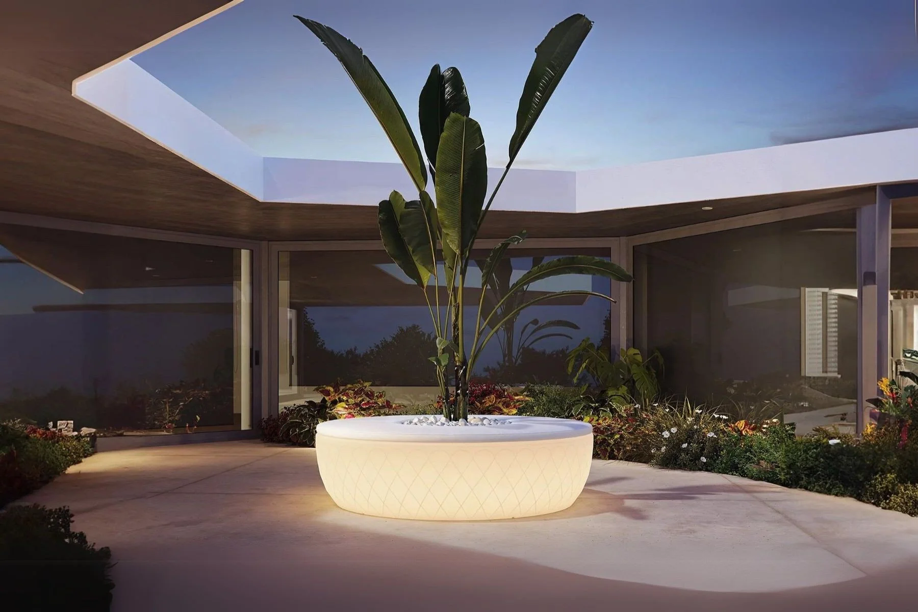 Planta en maceta iluminada en patio de casa moderna con techo de cielo abierto y ventanas amplias