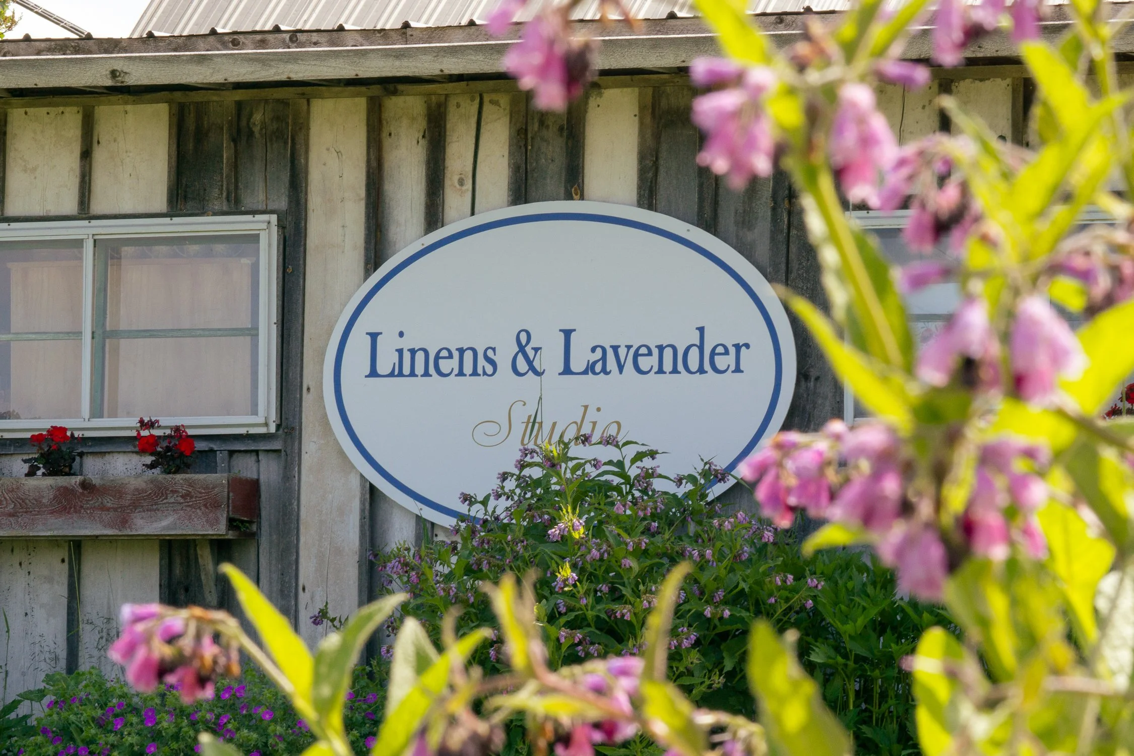 A sign reading "Linens & Lavender Studio" mounted on a weathered wooden building surrounded by pink and purple flowers. A flower box hangs below a widow next to the sign
