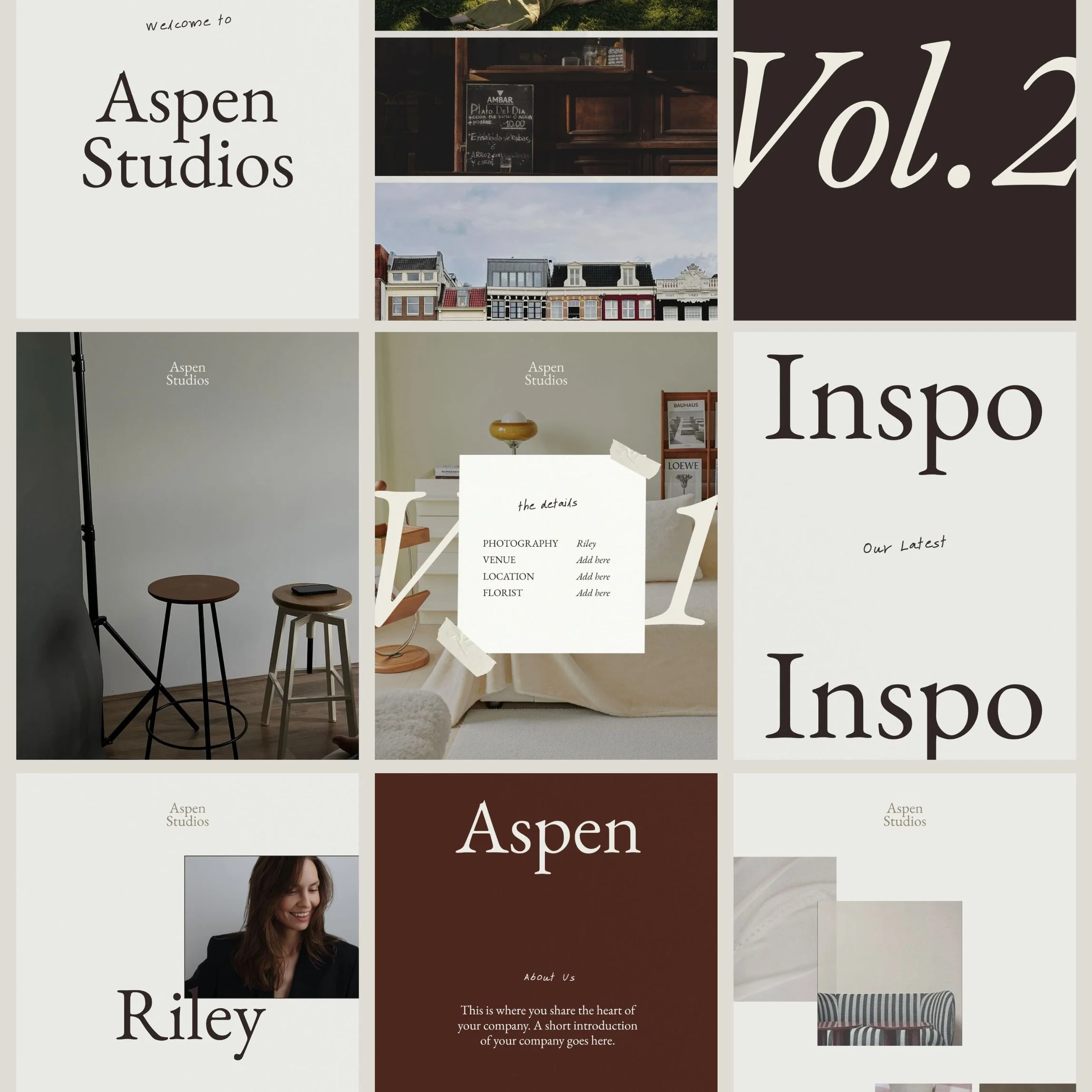 Collage of images featuring Aspen Studios, including interior shots, exterior architecture, branding, and a portrait of a woman.