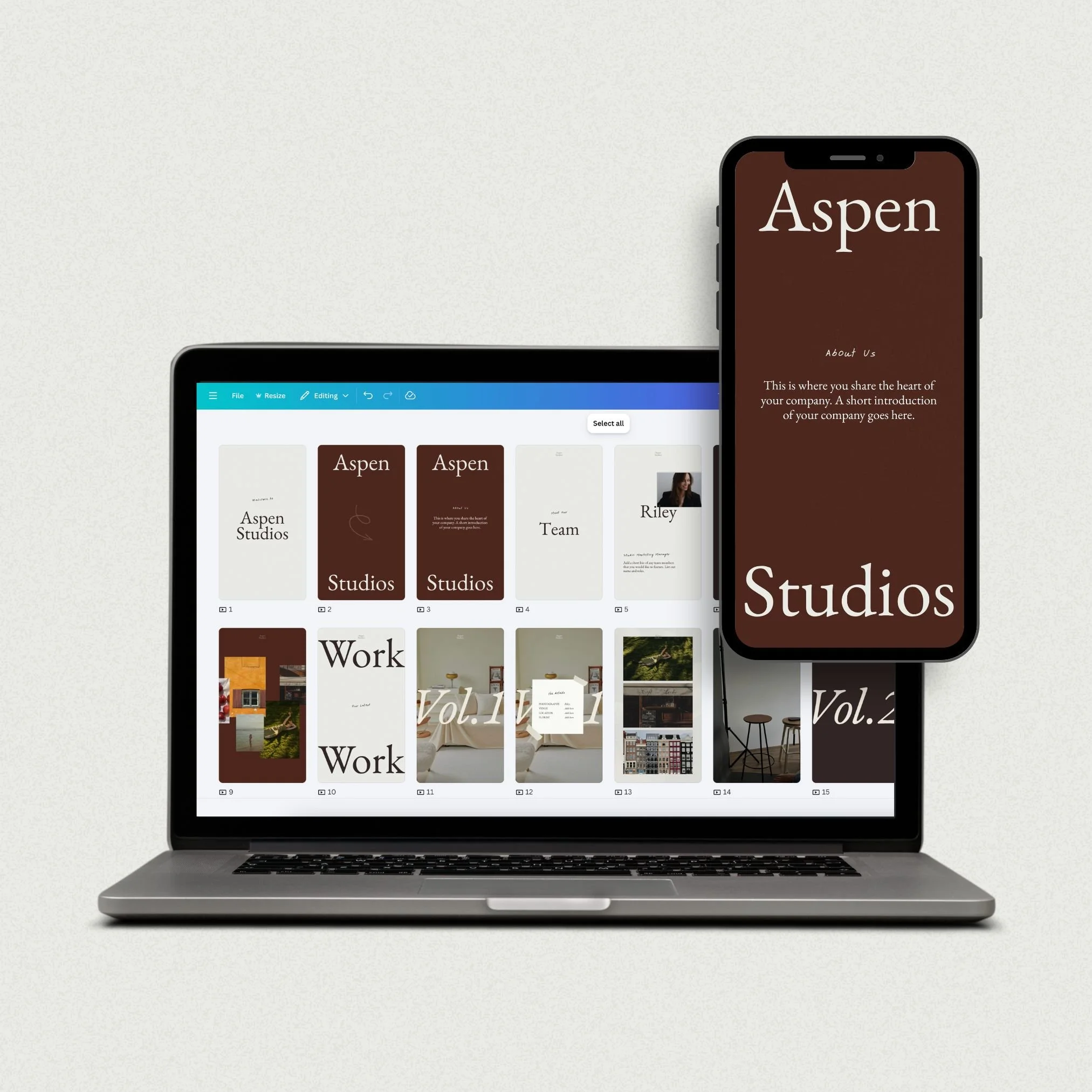 A laptop displaying a design editing software with a grid of presentation slides, some with text like 'Aspen Studios' and 'Work,' and a smartphone showing a mobile app interface with the text 'Aspen Studios' and a short description, positioned in front of the laptop.