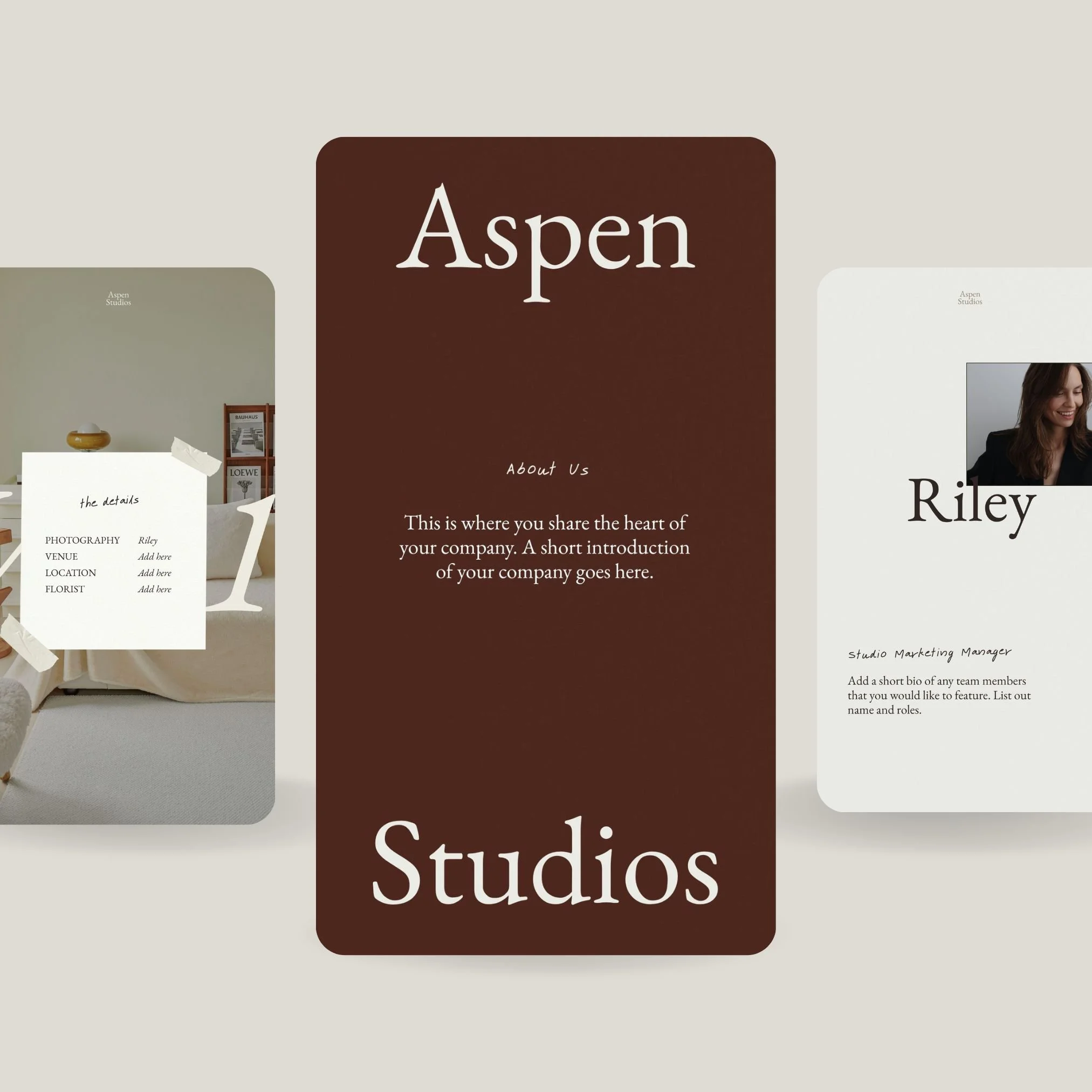 Design mockup of a company webpage with a central dark brown section titled "Aspen Studios" and two side panels displaying team member profiles, one for Riley and one for another individual, with text descriptions and images.