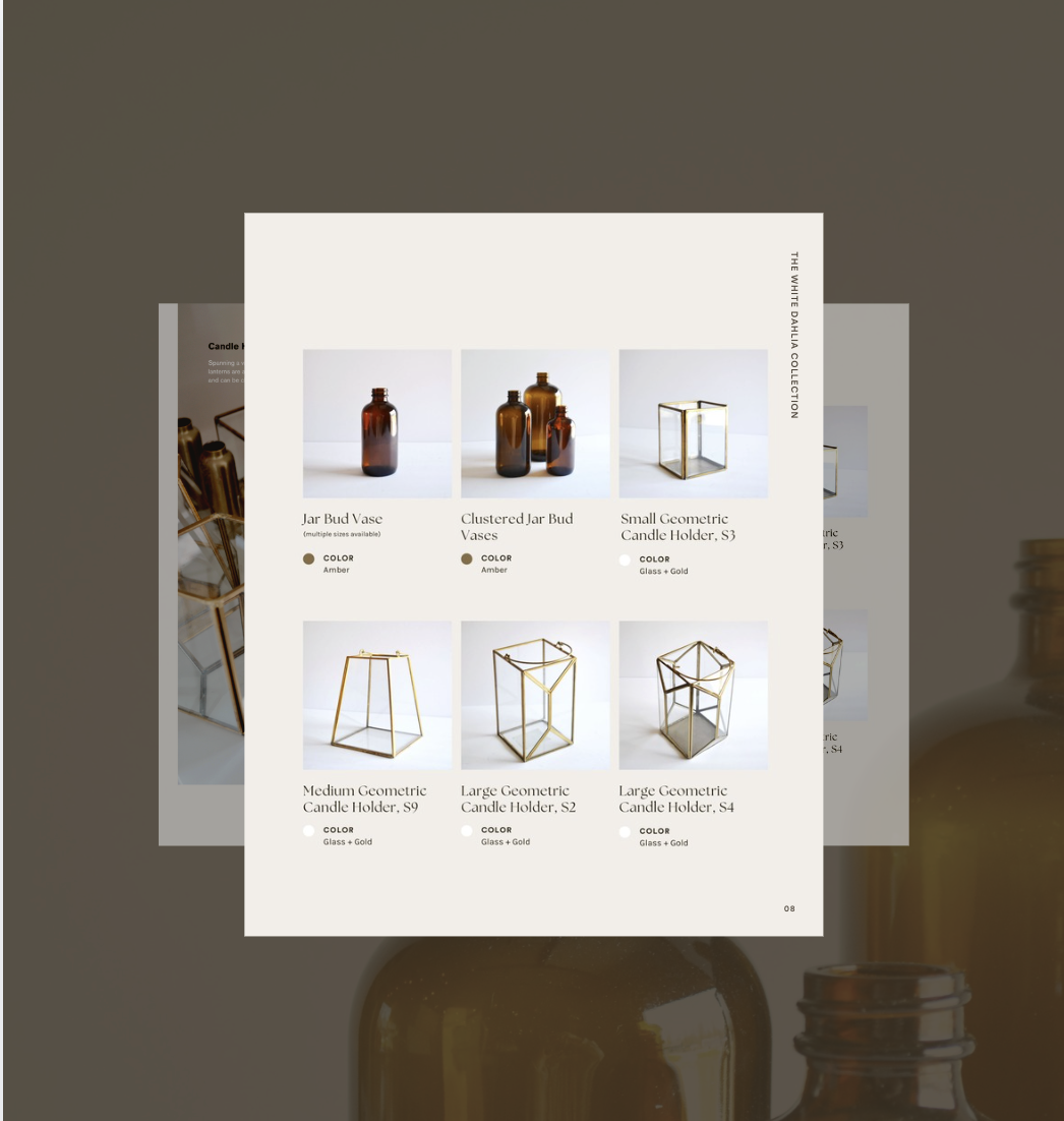 Catalog page displaying various candle holders and vases, including jar bud vases, clustered jar bud vases, small geometric candle holder, and large geometric candle holders, all in glass and gold colors.