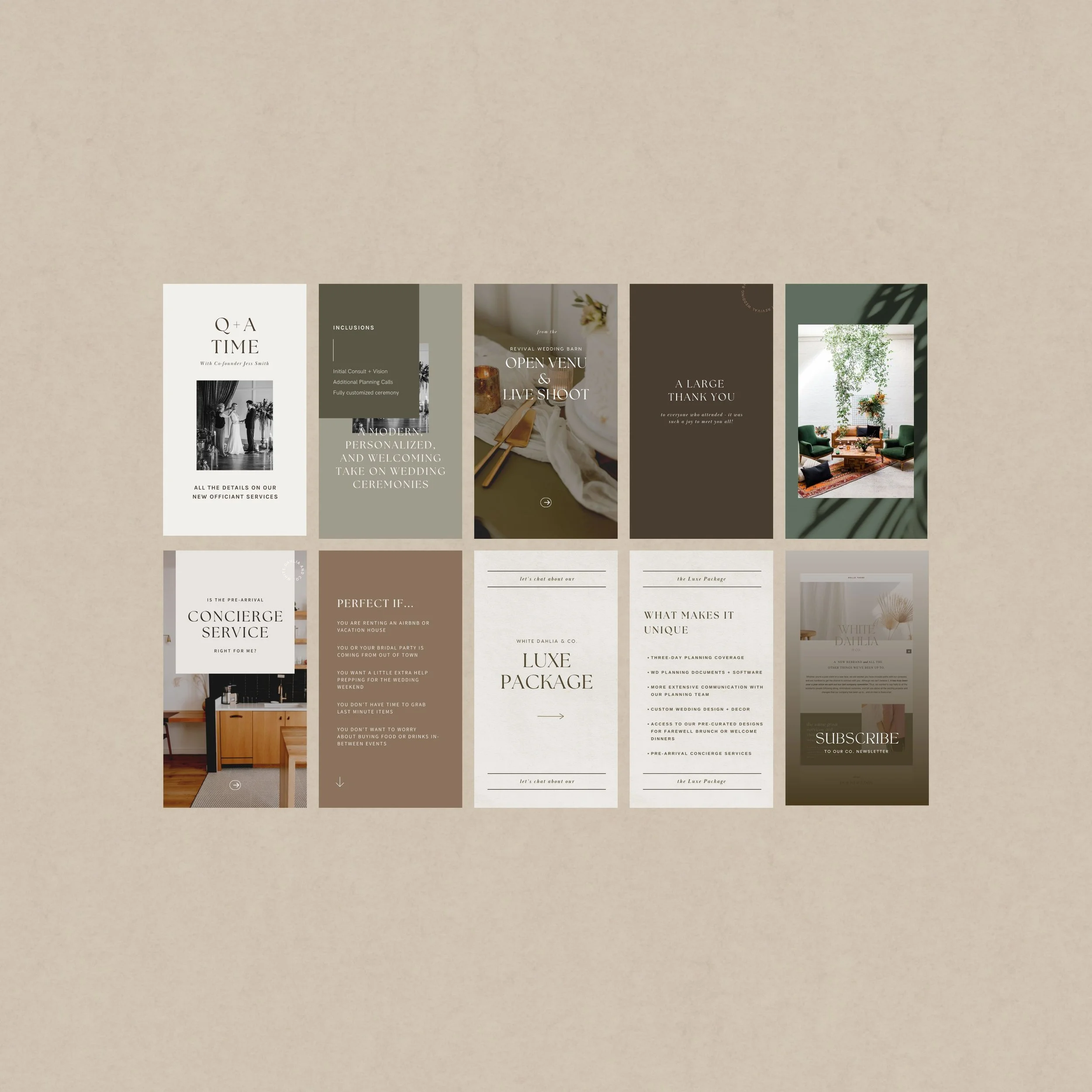 A collection of wedding and event planning flyers and cards in neutral tones with elegant fonts, featuring services, packages, and contact information.