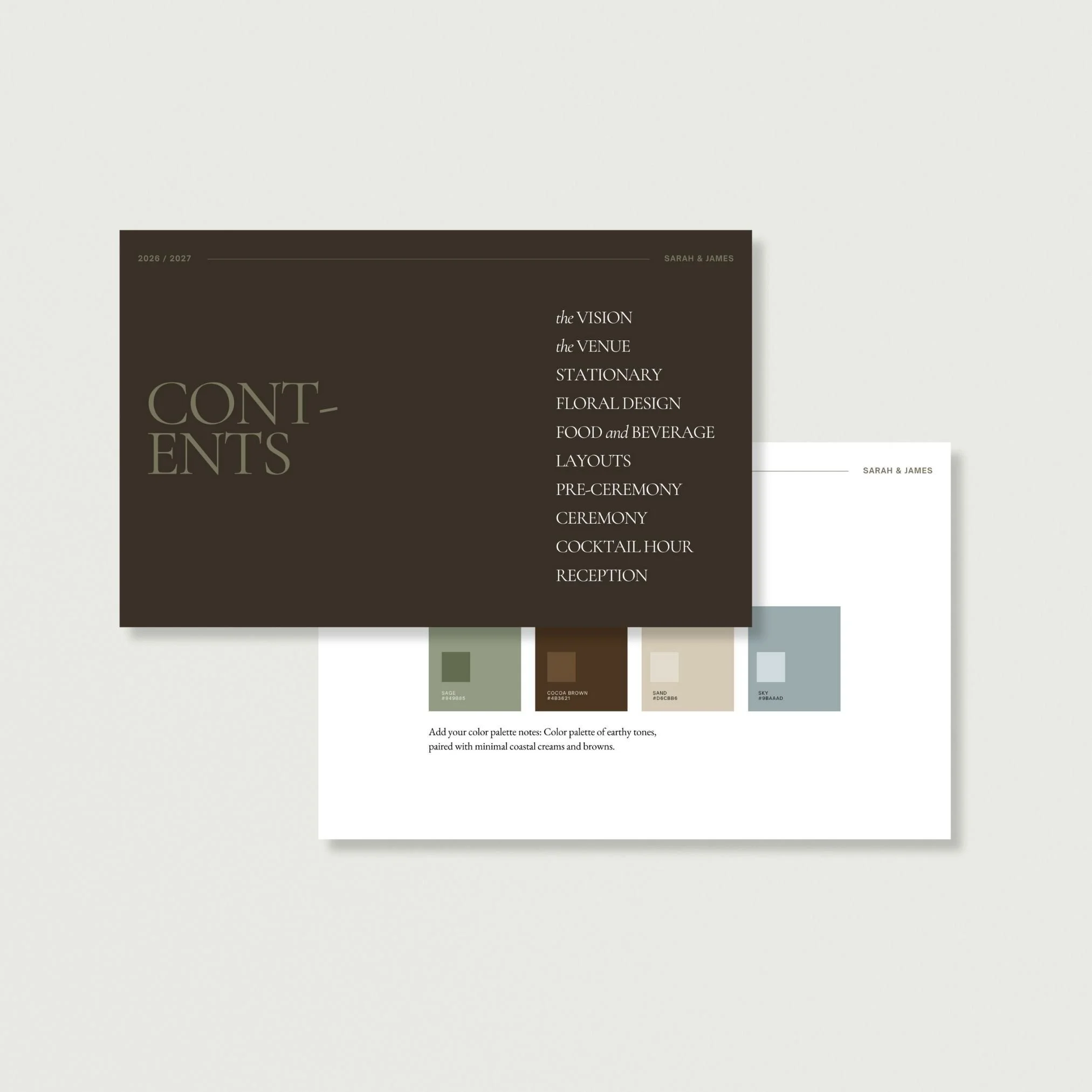 Design palette with earthy tones and color names displayed.