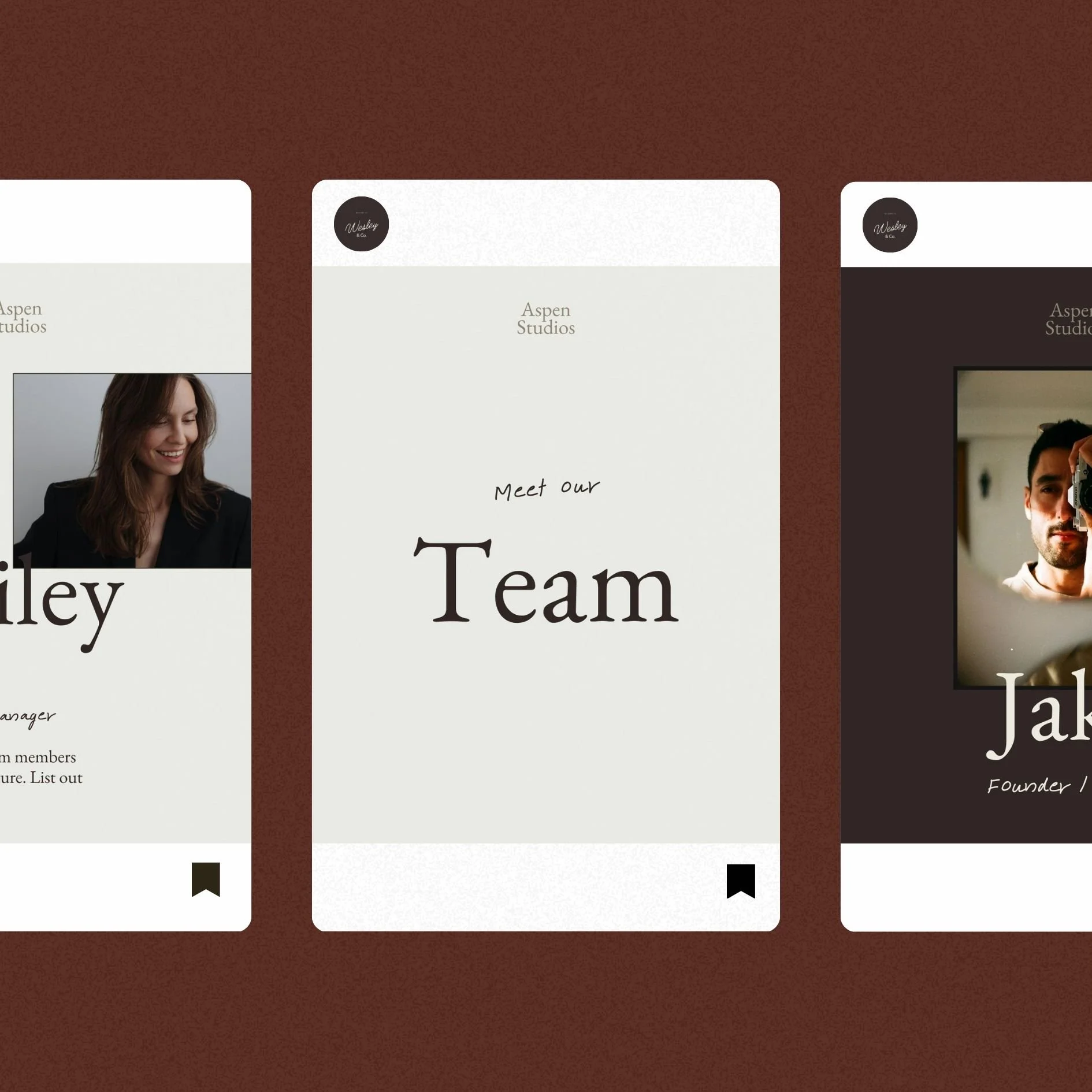 Three digital cards showcasing team members' profiles. The middle card has a white background with black text that says 'Meet our Team.' The left card shows a woman with brown hair smiling, and the right card features a man with dark hair and a beard, taking a selfie.