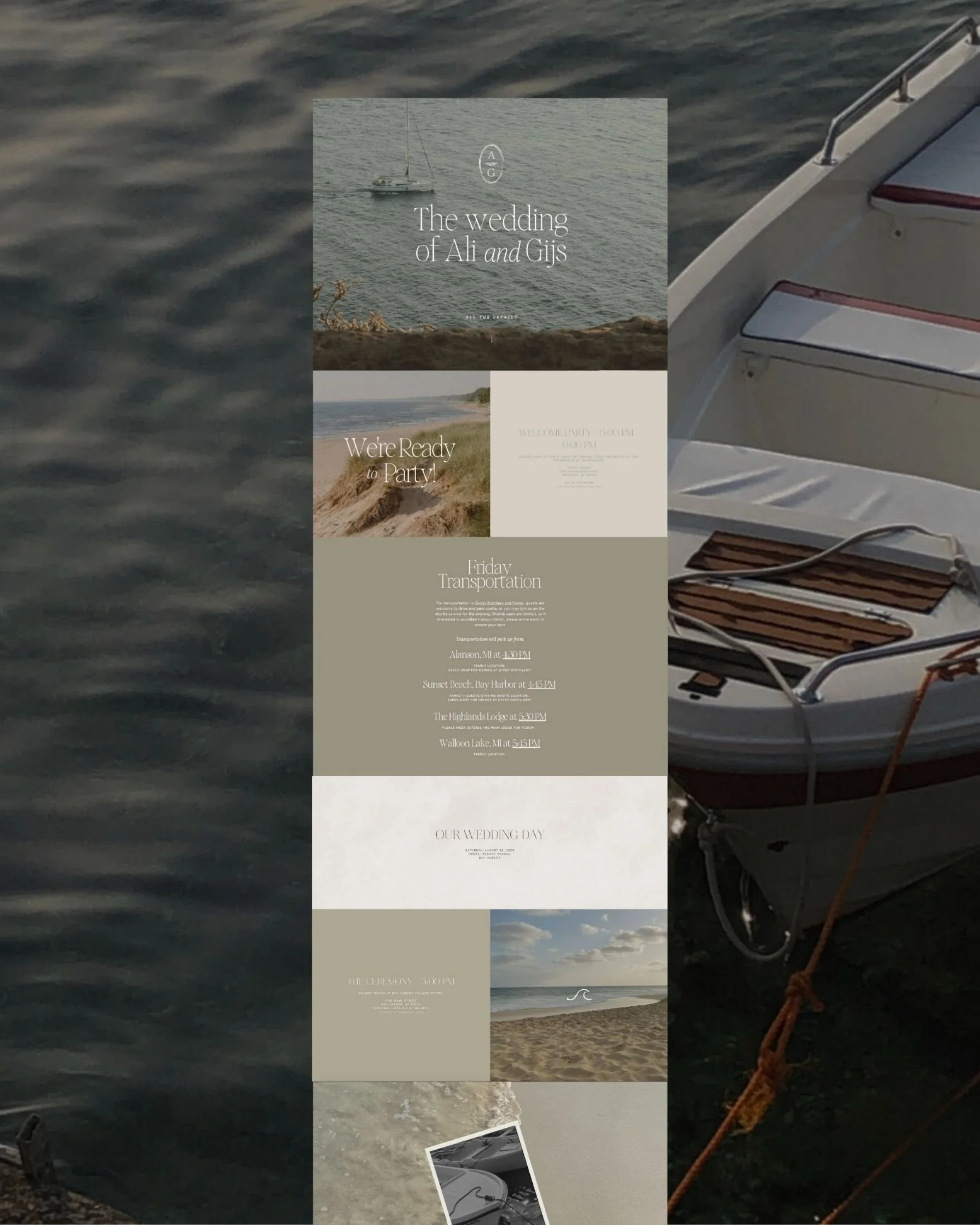 Wedding invitation with a seaside theme, including images of a boat, beach, and ocean, laid over a background of water and a boat dock.