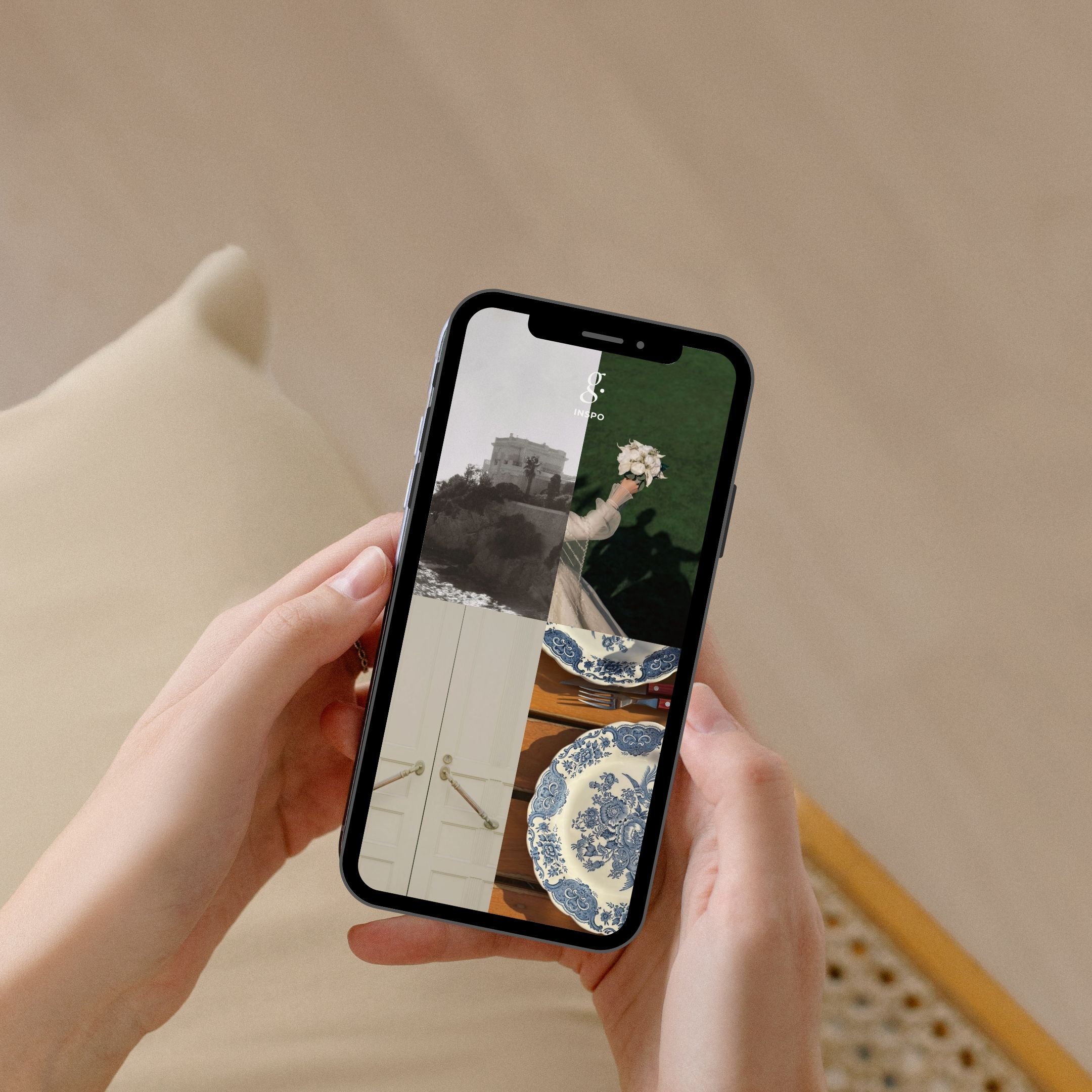 A person holds a smartphone displaying a collage of four images: a black-and-white landscape with a building, a person holding a bouquet, a white closed door with golden handles, and a table setting with blue and white patterned dishes.