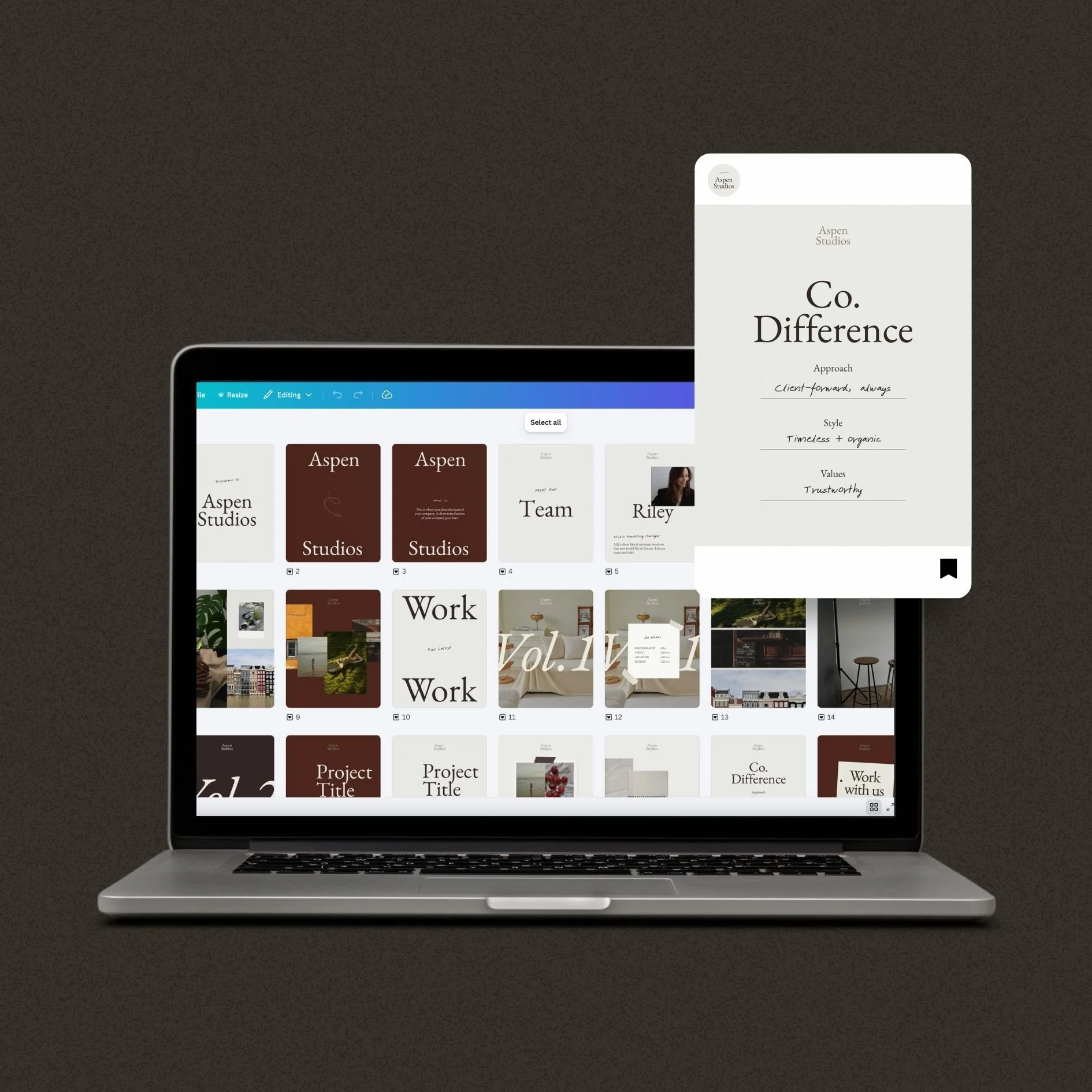 Laptop screen displaying a digital design project with various pages and images, and a close-up of a card titled 'Co. Difference' by Aspen Studios.