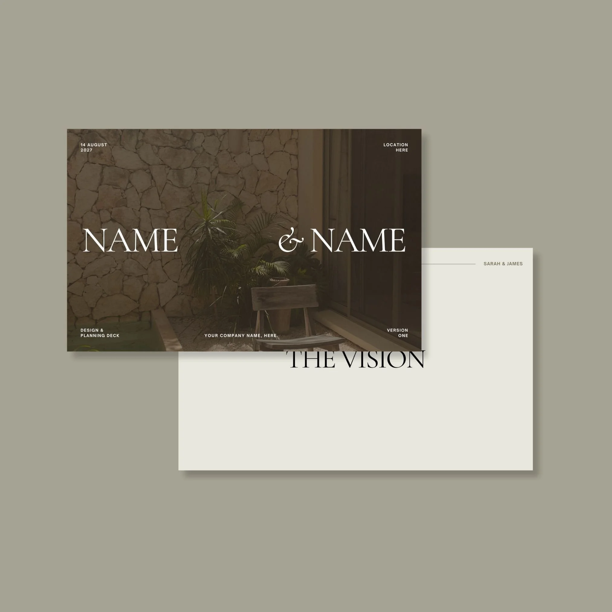 A wedding invitation card with a background of a stone wall and plants, displaying the names 'NAME & NAME' in large font, along with details such as date, location, and design information in smaller font.