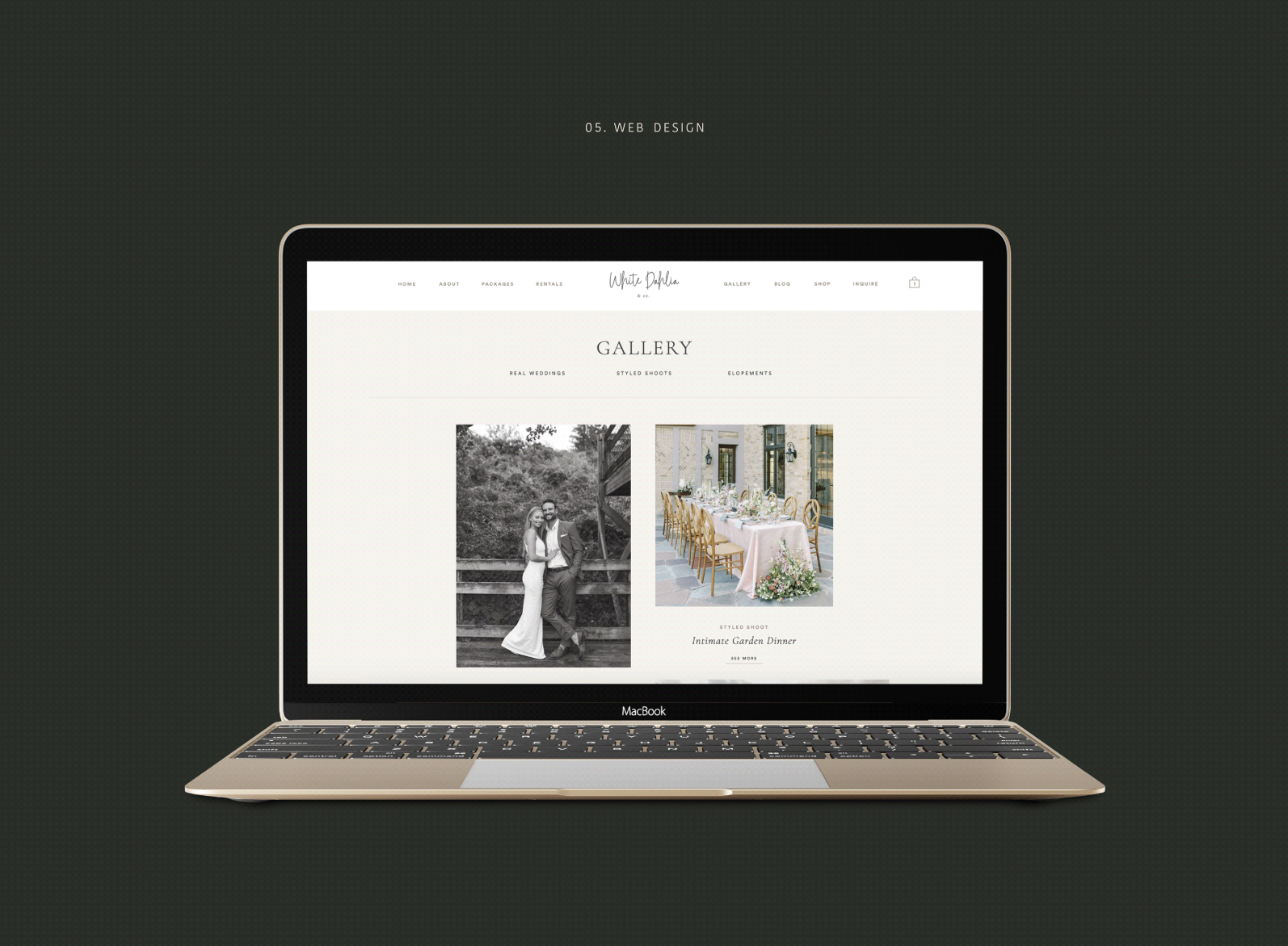 A MacBook displaying a wedding photography website with gallery photos of a couple and a decorated dinner table.