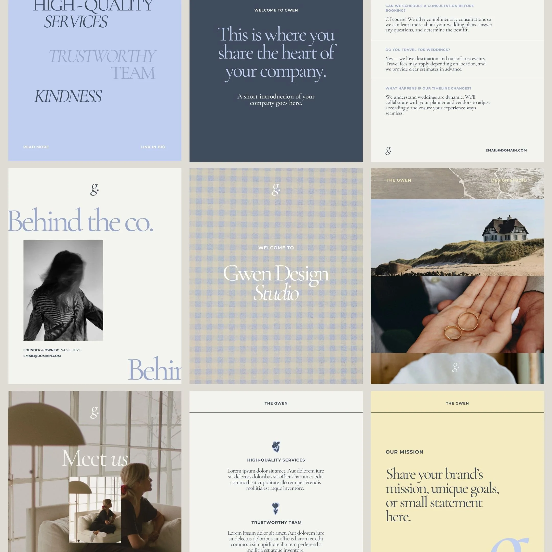 A collage of nine images and text blocks related to Gwen Design Studio, including services, team, and branding information with a variety of backgrounds and photos of people, nature, and objects.