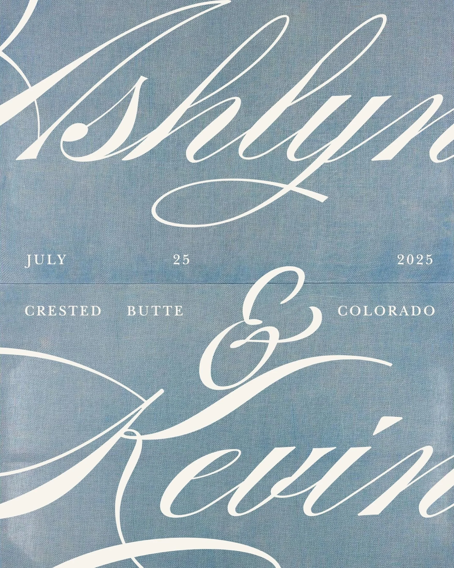 A wedding invitation with ornate cursive text, indicating the wedding date as July 25, 2025, at Crested Butte, Colorado.