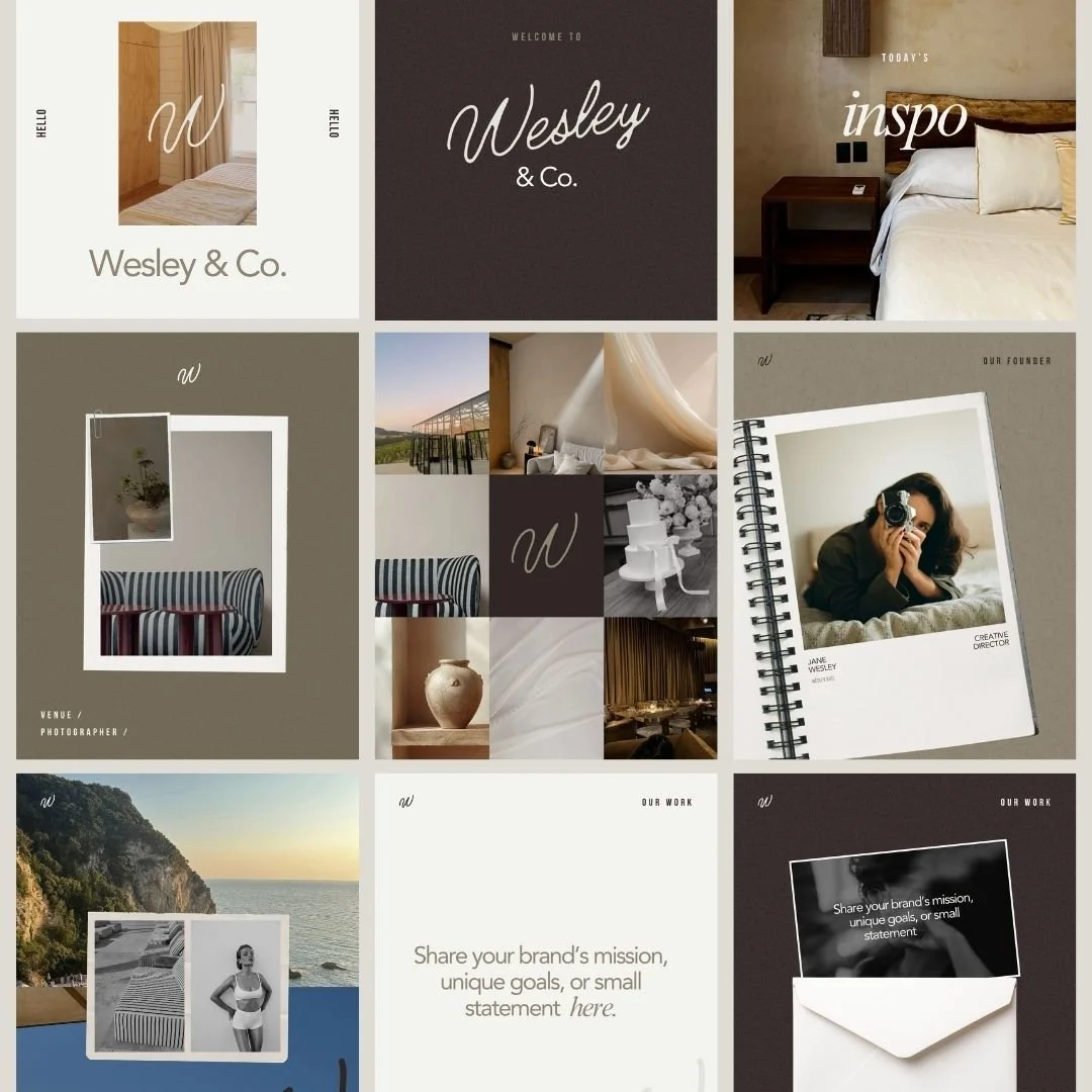 Collage of nine images, including interior rooms, furniture, a woman with a camera, outdoor landscape, and graphic designs for Wesley & Co. branding.
