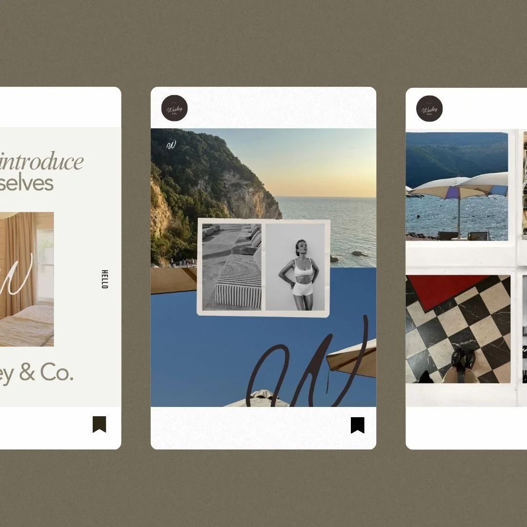 Screenshots of social media posts featuring beach and mountain scenes, black and white photos of a woman in swimwear, striped lounge chairs, and views of the ocean, with a brown background.