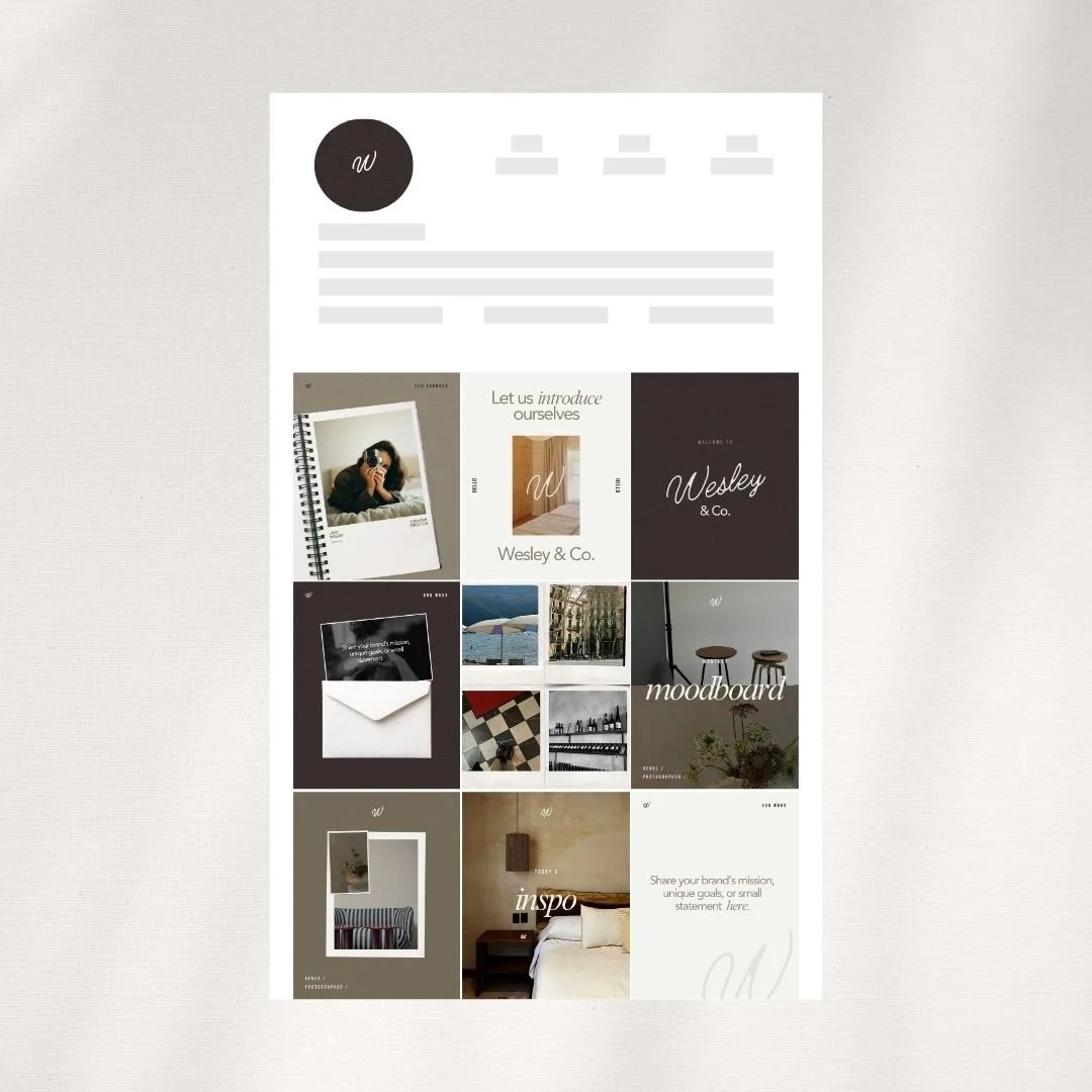 A design layout of a brand's social media profile, including a profile picture, introduction text, welcome message, various images of interior spaces, products, and branding elements.