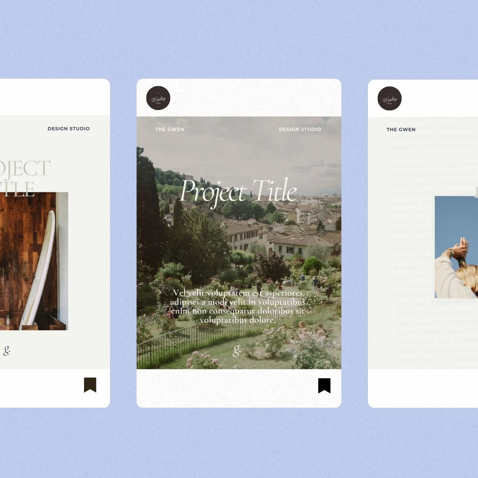 Design mockup of a mobile app interface with a scenic city park photo background and overlaid text titled 'Project Title'.