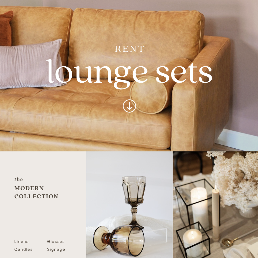 A brown leather sofa with a gray pillow and a round beige throw pillow, with text overlay that reads "Rent lounge sets".