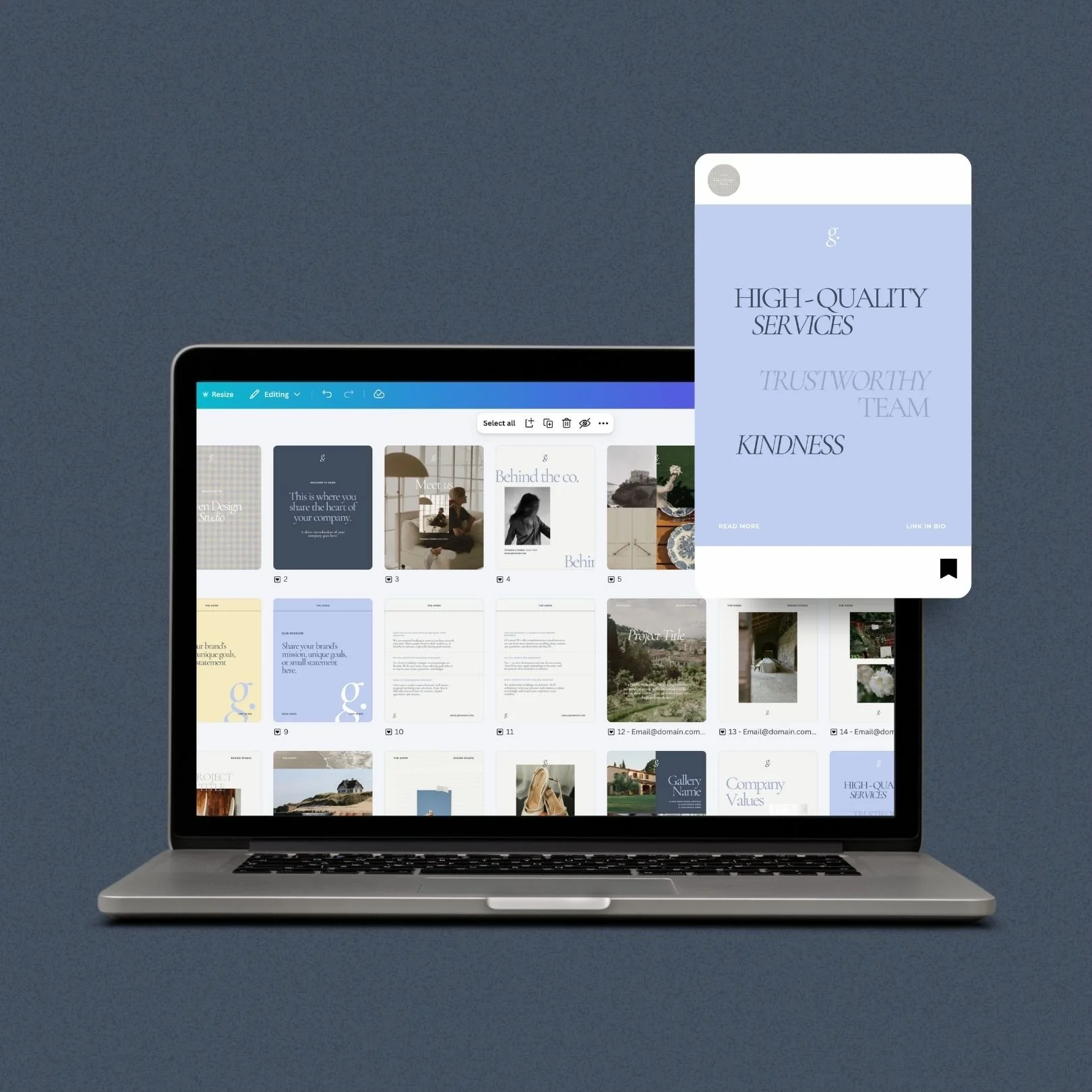 An open laptop displaying a digital design project with photo thumbnails and text layouts. A floating card over the screen reads "High-Quality Services, Trustworthy Team, Kindness."