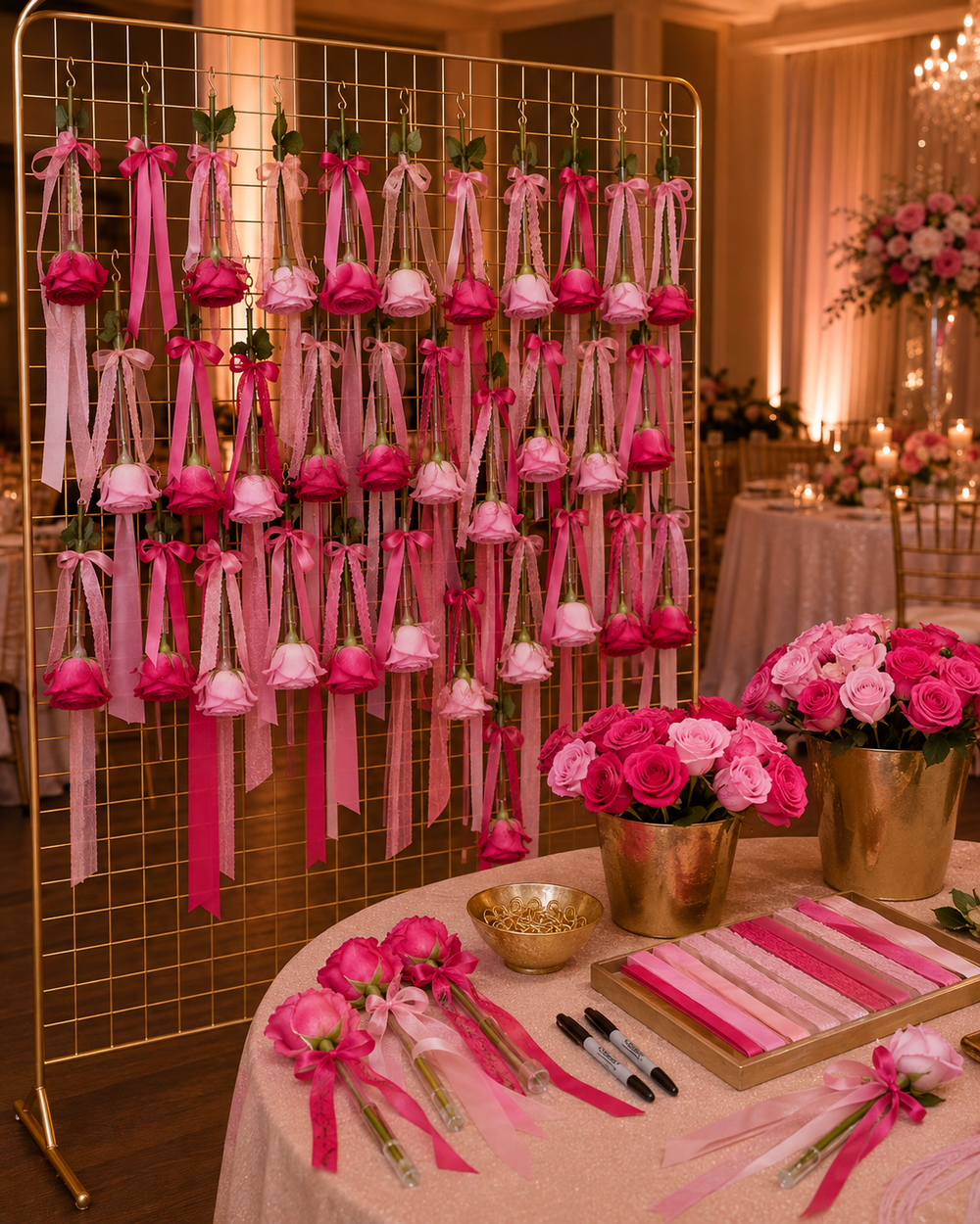 Gold rose wall with pink roses and ribbon dedications