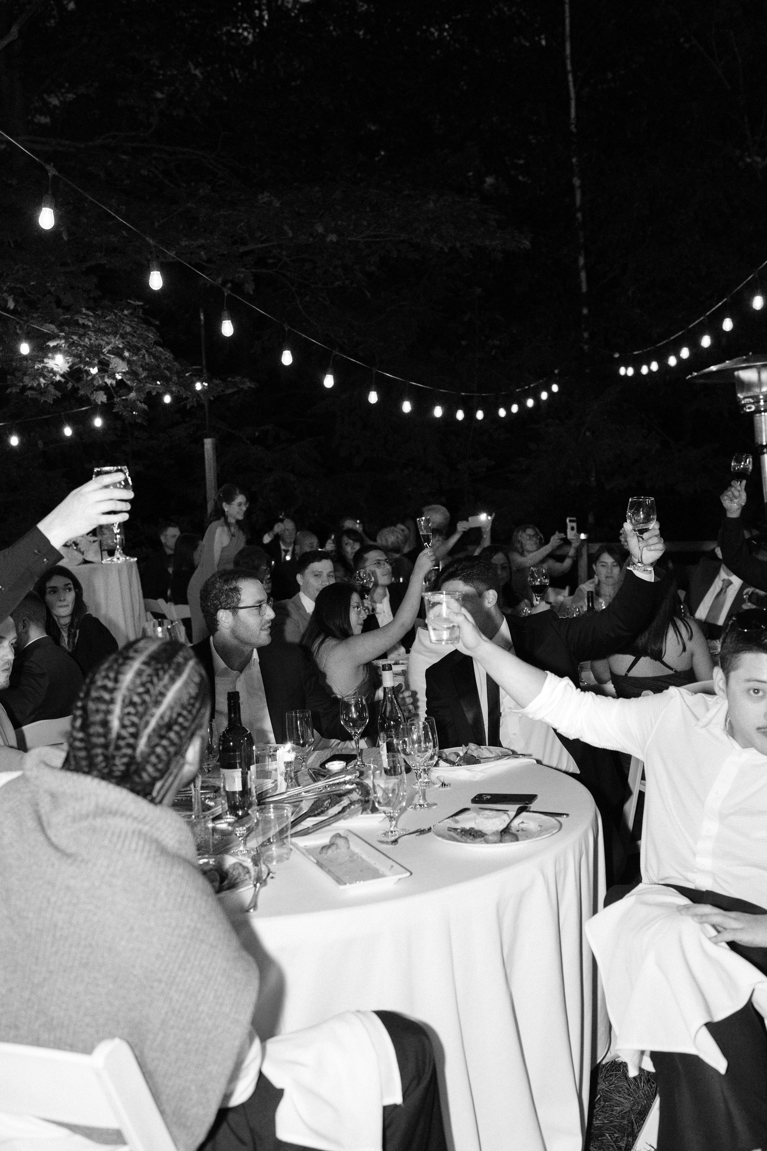 People celebrating at an outdoor nighttime dinner party, clinking glasses under string lights.