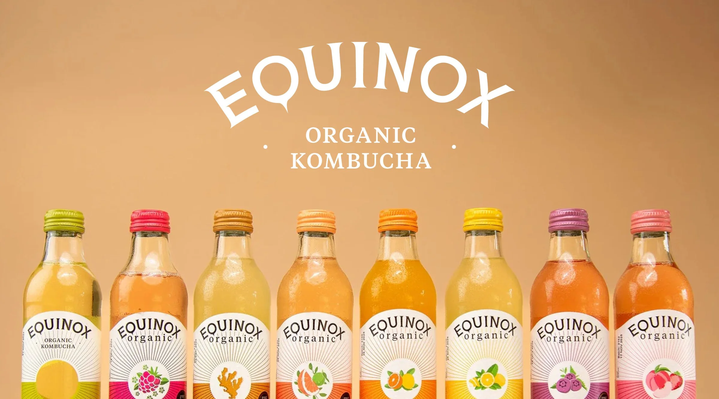 Equinox Kombucha logo with bottles of kombucha