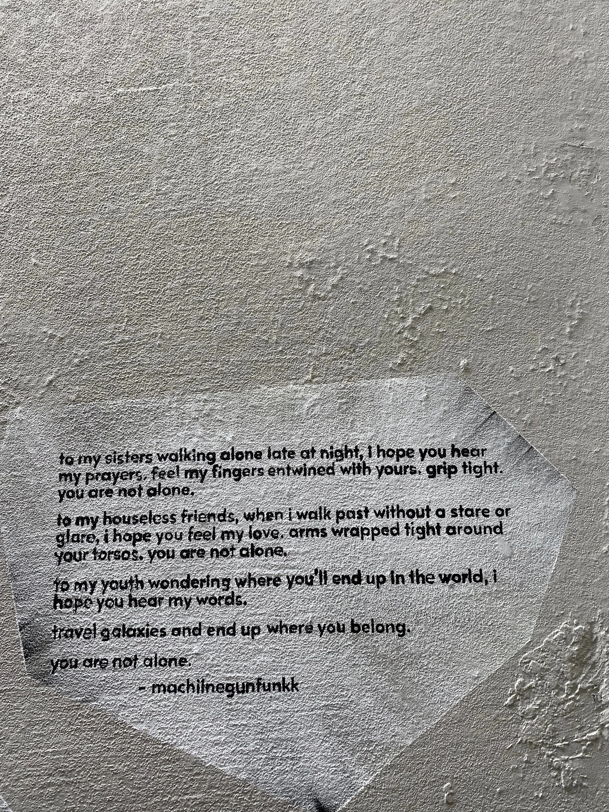 Poetry Inprint: In the Streets, Featured Poet, Toronto, ON, 2021
Jadyn "machiinegunfunkk" was apart of the first cohort of artists featured in the In the Streets. Using this opportunity to create her own street art and share a message, Jadyn `looked 