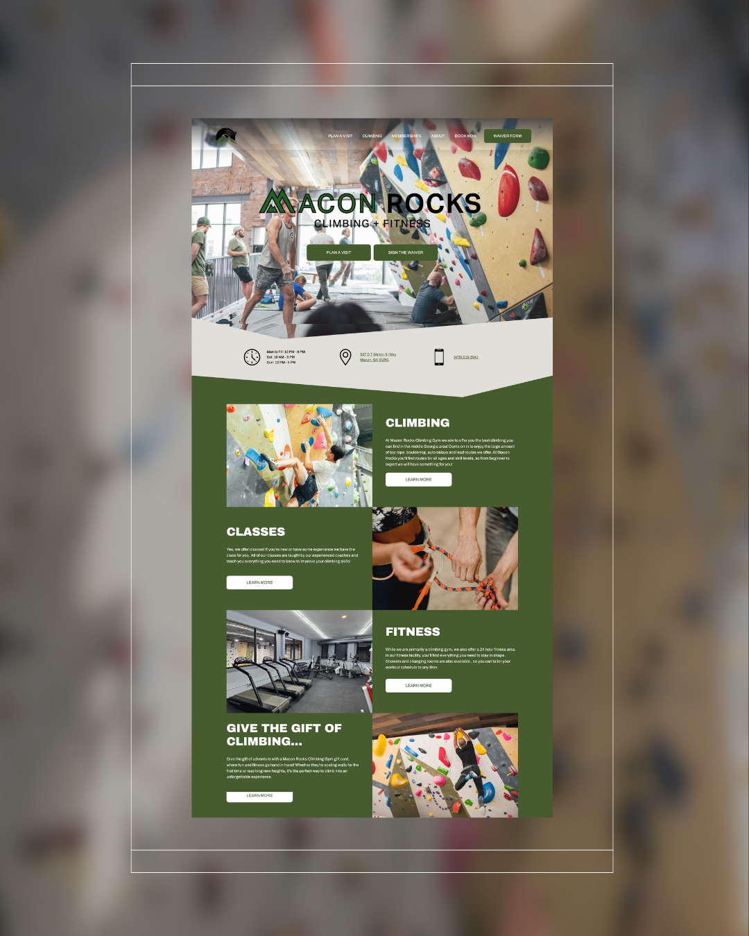 A website homepage for Macon Rocks Climbing + Fitness, showing a gym with people climbing and training, with sections about climbing, classes, fitness, and gift options.