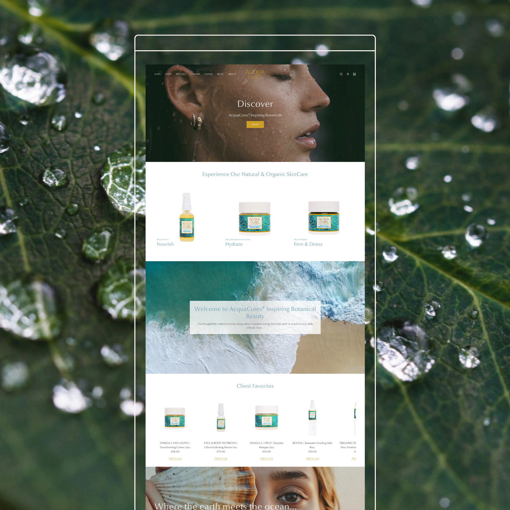 A screenshot of an online skincare store with a background image of water droplets on a leaf and a woman with water on her face. The website features product categories like serums, moisturizers, masks, and treatments, with prices and add-to-cart buttons visible.