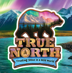 Illustration of a bear silhouette filled with a mountain landscape scene, with Rainbow Mountains and trees in the background. Text reads 'TRUE NORTH' with a compass symbol, and a subtitle says 'Trusting Jesus in a Wild World.'