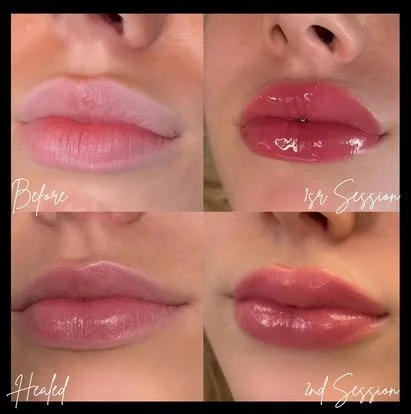 Comparison of lips before, during, after, and finished with lip gloss application.
