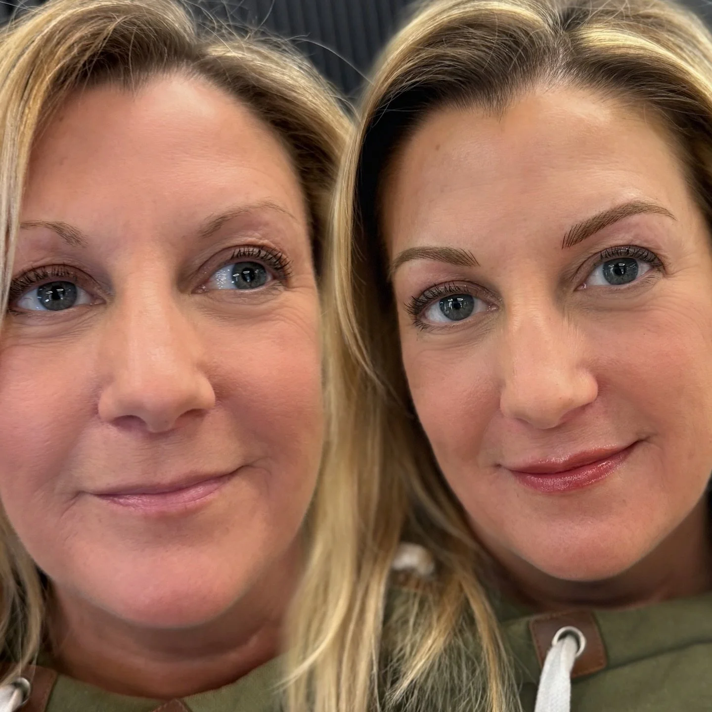Before-and-after eyebrows cosmetic tattoo showing improved symmetry