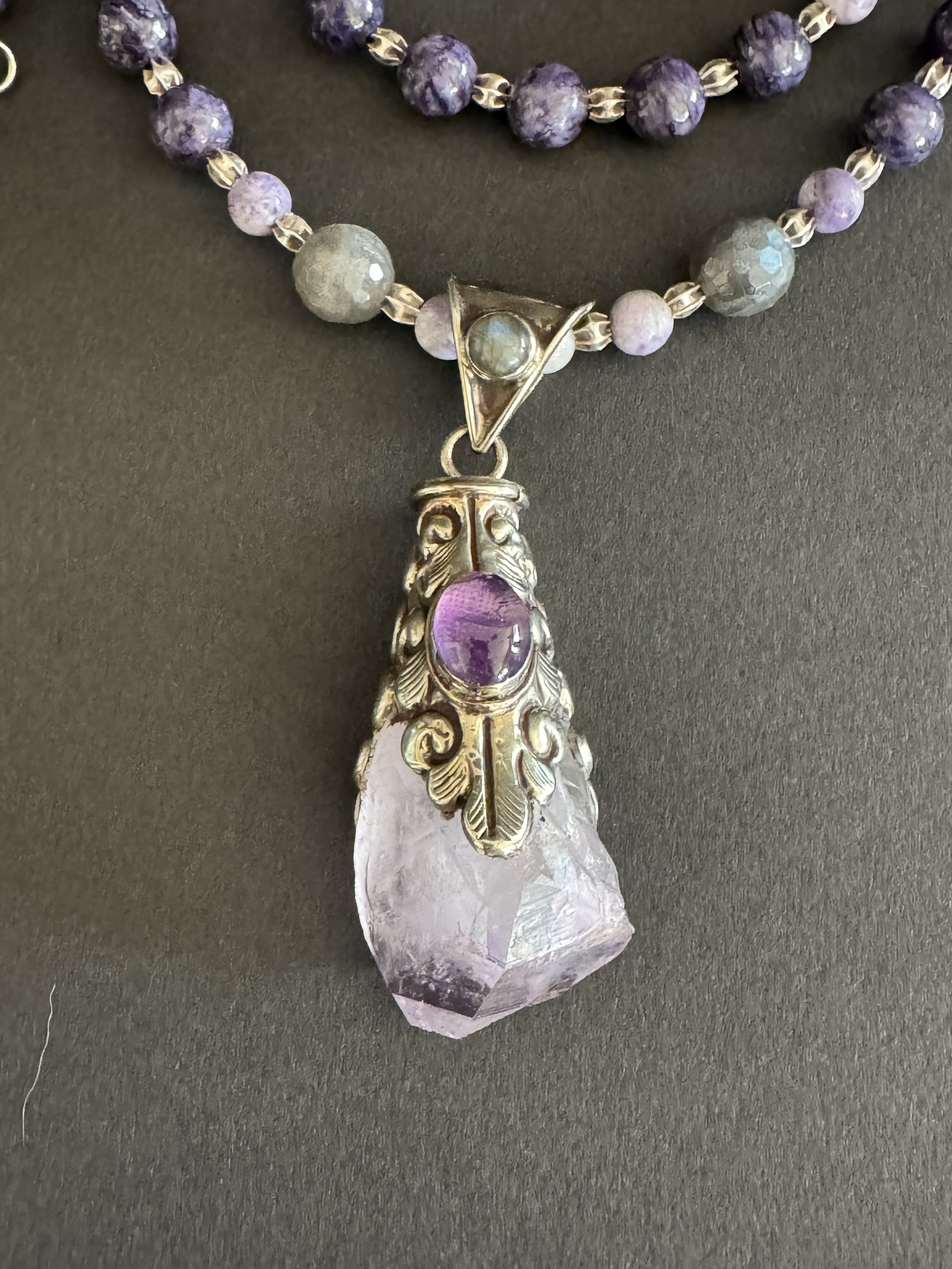 Charoite, Tiffany Stone, Labradorite Necklace with Amethyst Bali Crystal Pendant
