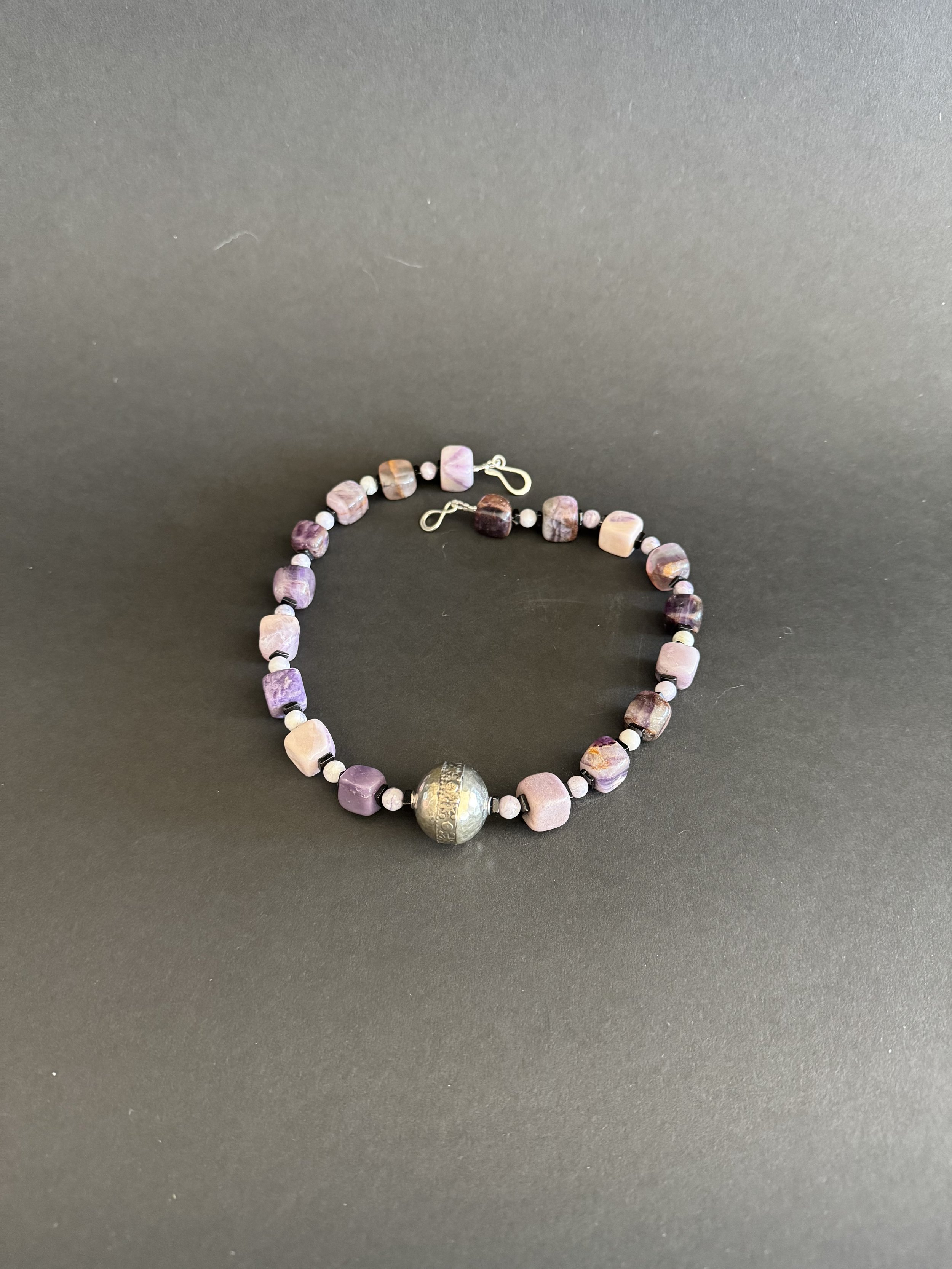 Purple Petrified Fluorite Necklace, Tiffany Stone Beads, Black Spinel, Handmade Sterling