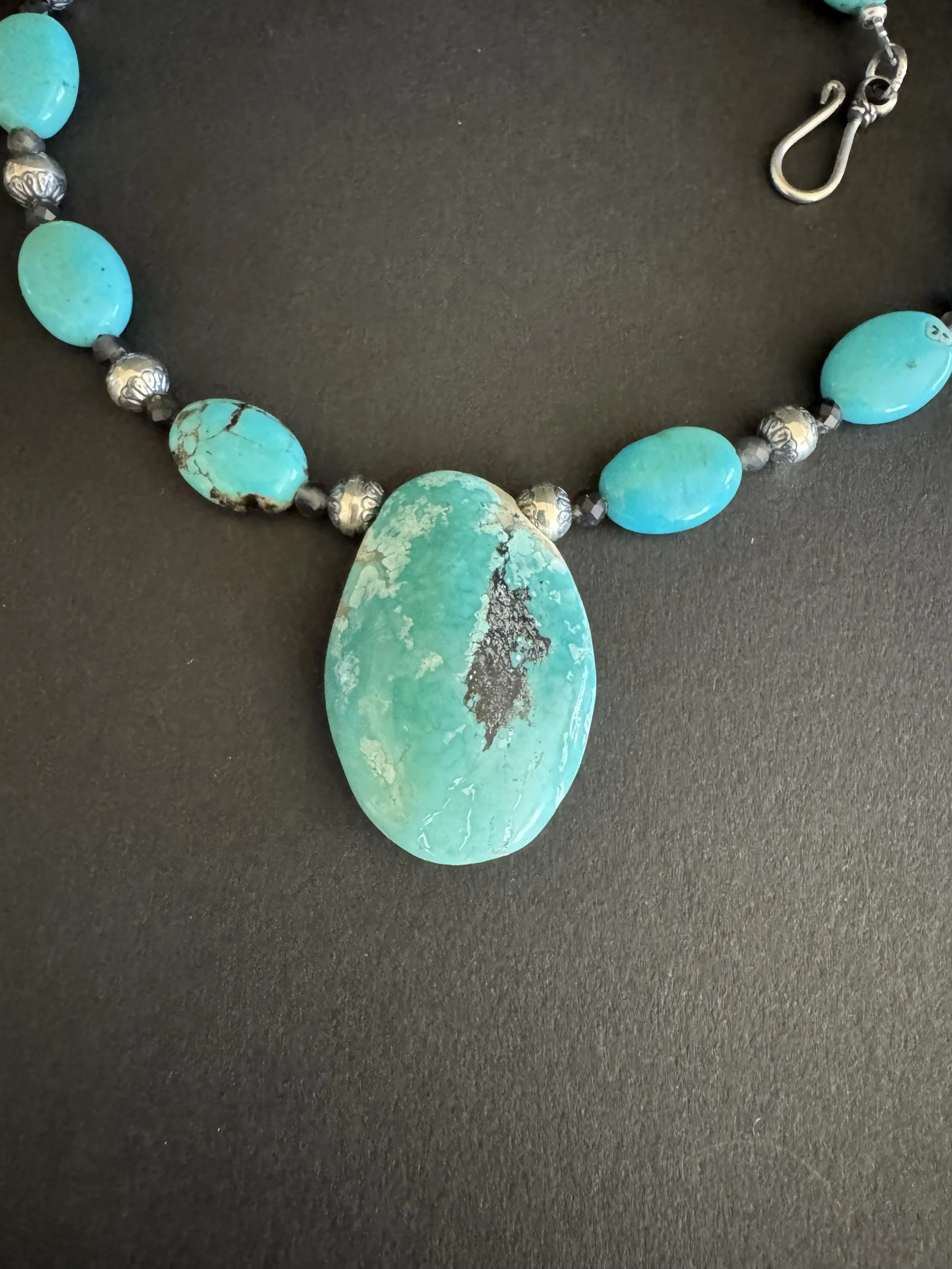 Turquoise Necklace With Black Sapphire, Stamped Sterling Silver Beads And Turquoise Pendant