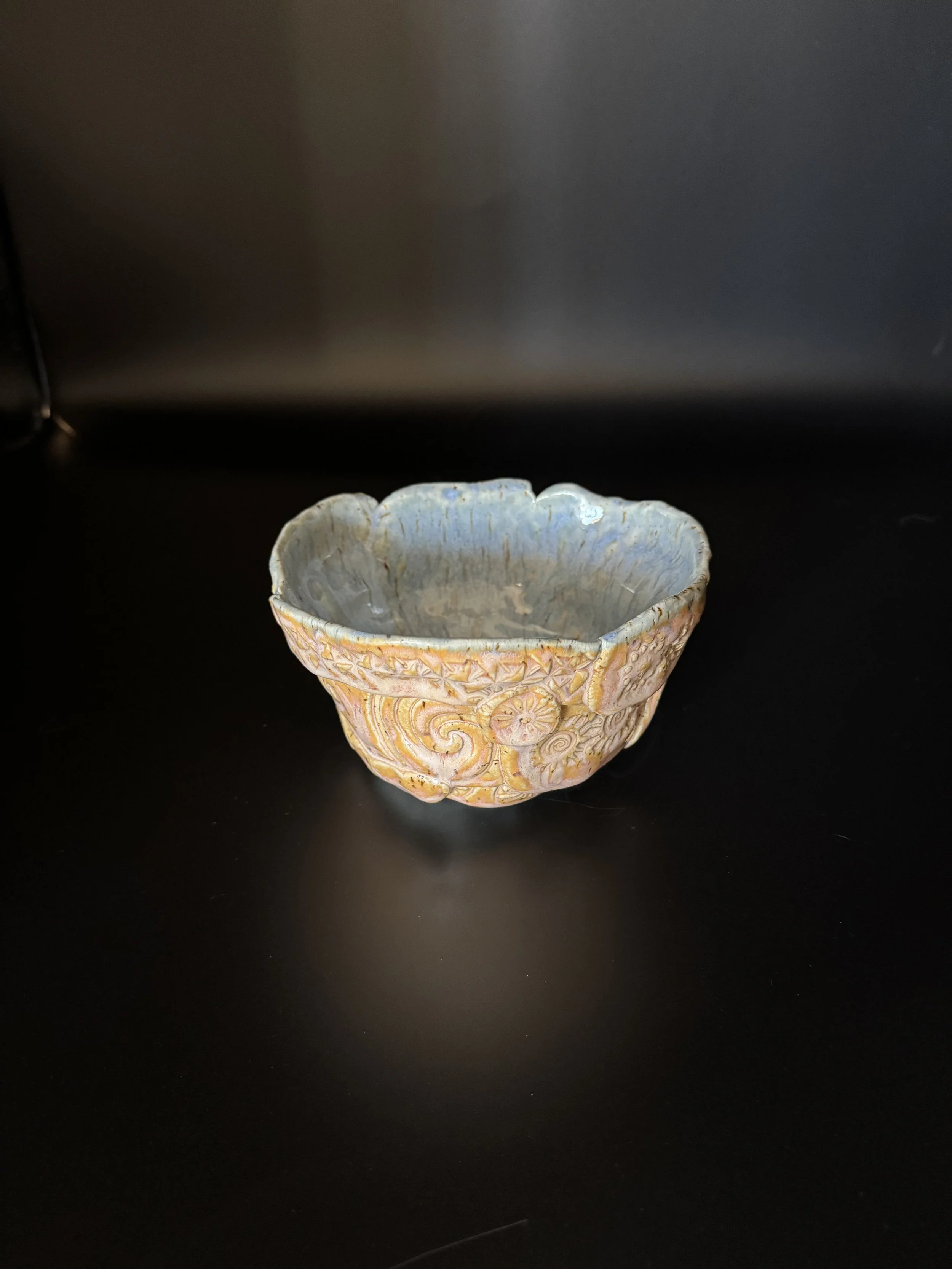 Bowl With Flat Stamped Coils, Fuzzy Peach And Glacier Float Glazes, Ermine Clay