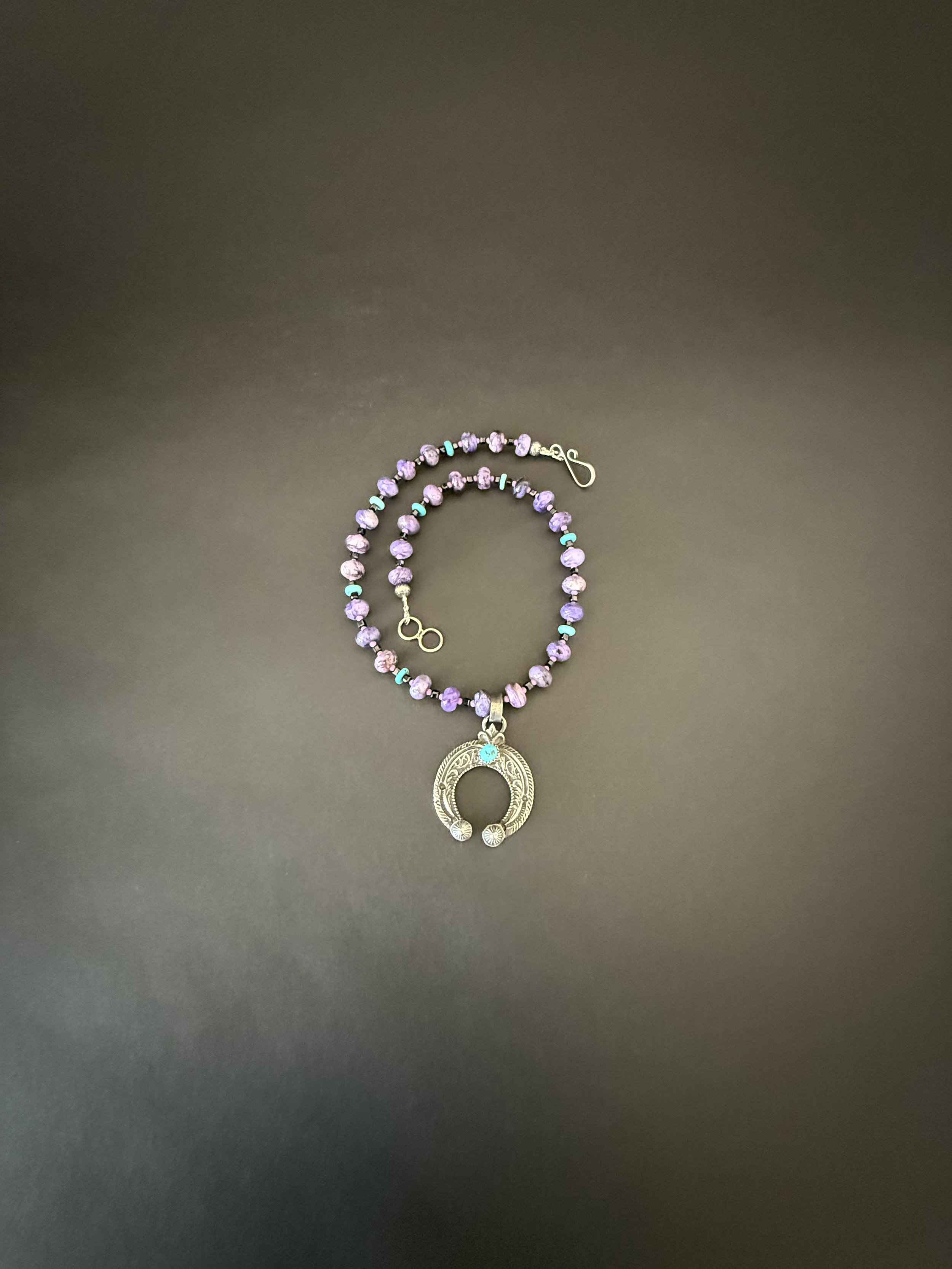 Charoite Necklace, Stamped Naja with Turquoise, Turquoise Heishi, Phosphosiderite