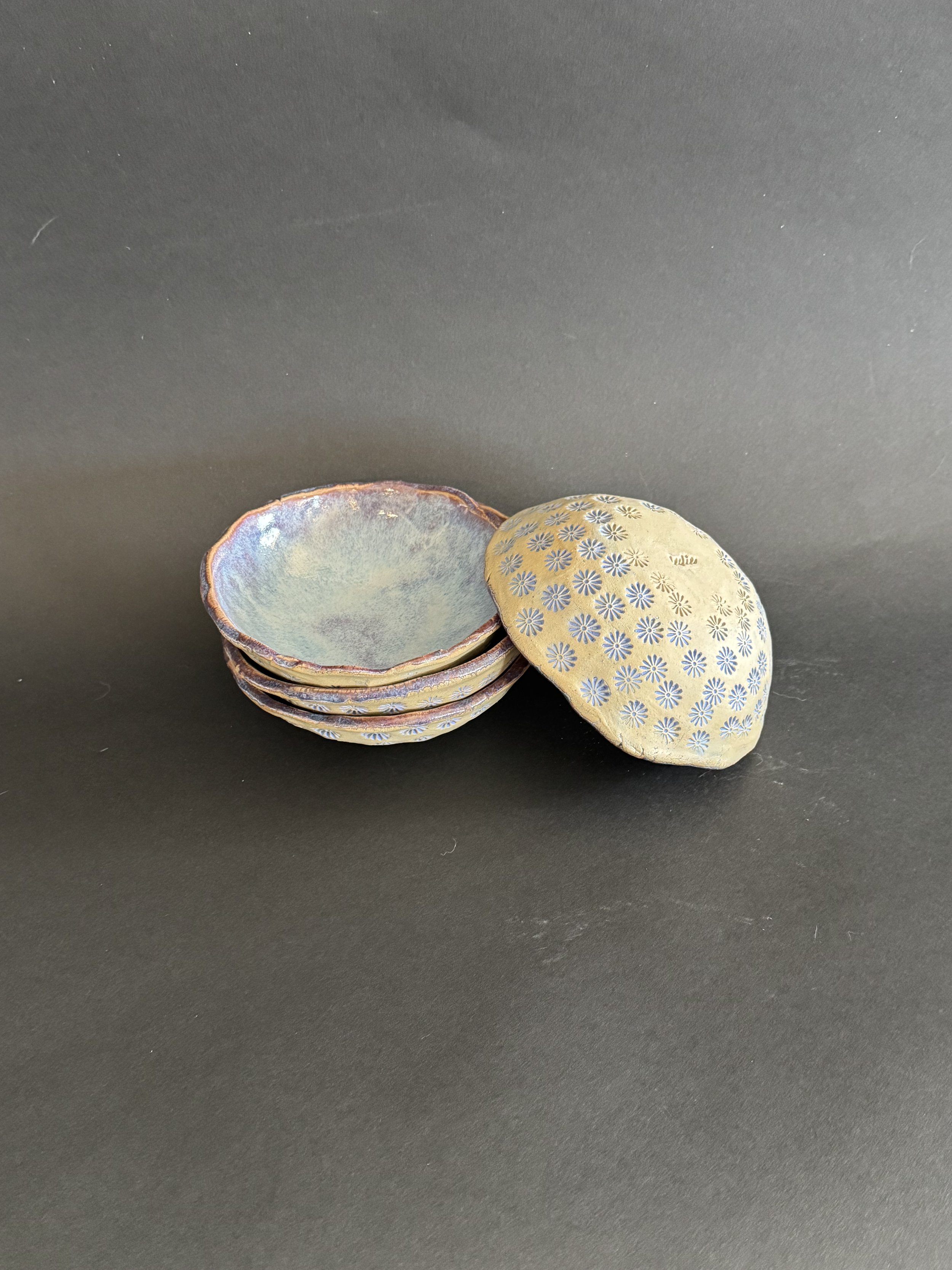 Dessert/Salad Bowls Set of Four, Autumn Purple Float with Stamped and Stained Underneath, Ochre Clay