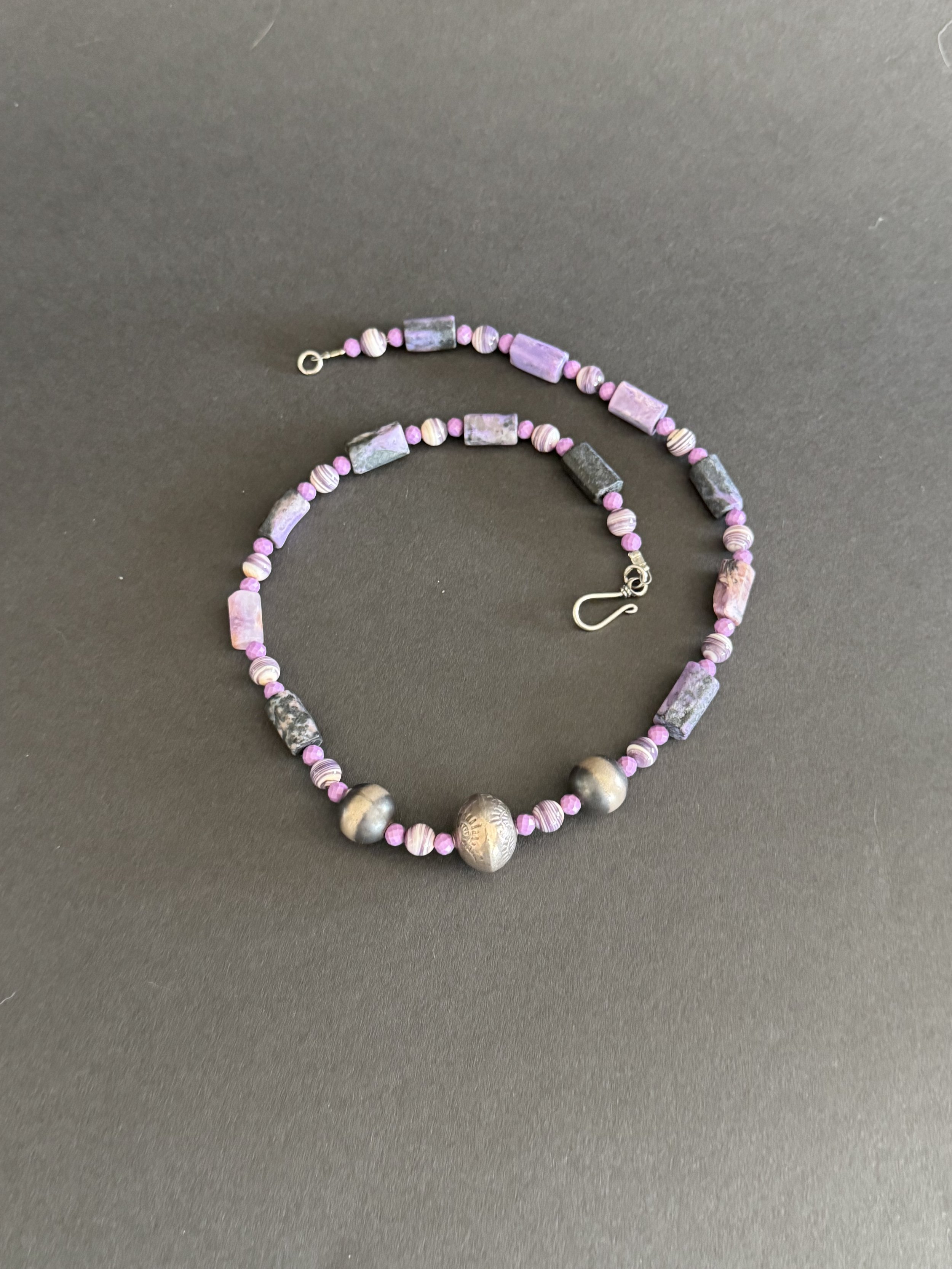 Charoite Necklace with Lepidolite, Wampum Shells, Navajo Pearls, Handmade Silver Stamped Bead