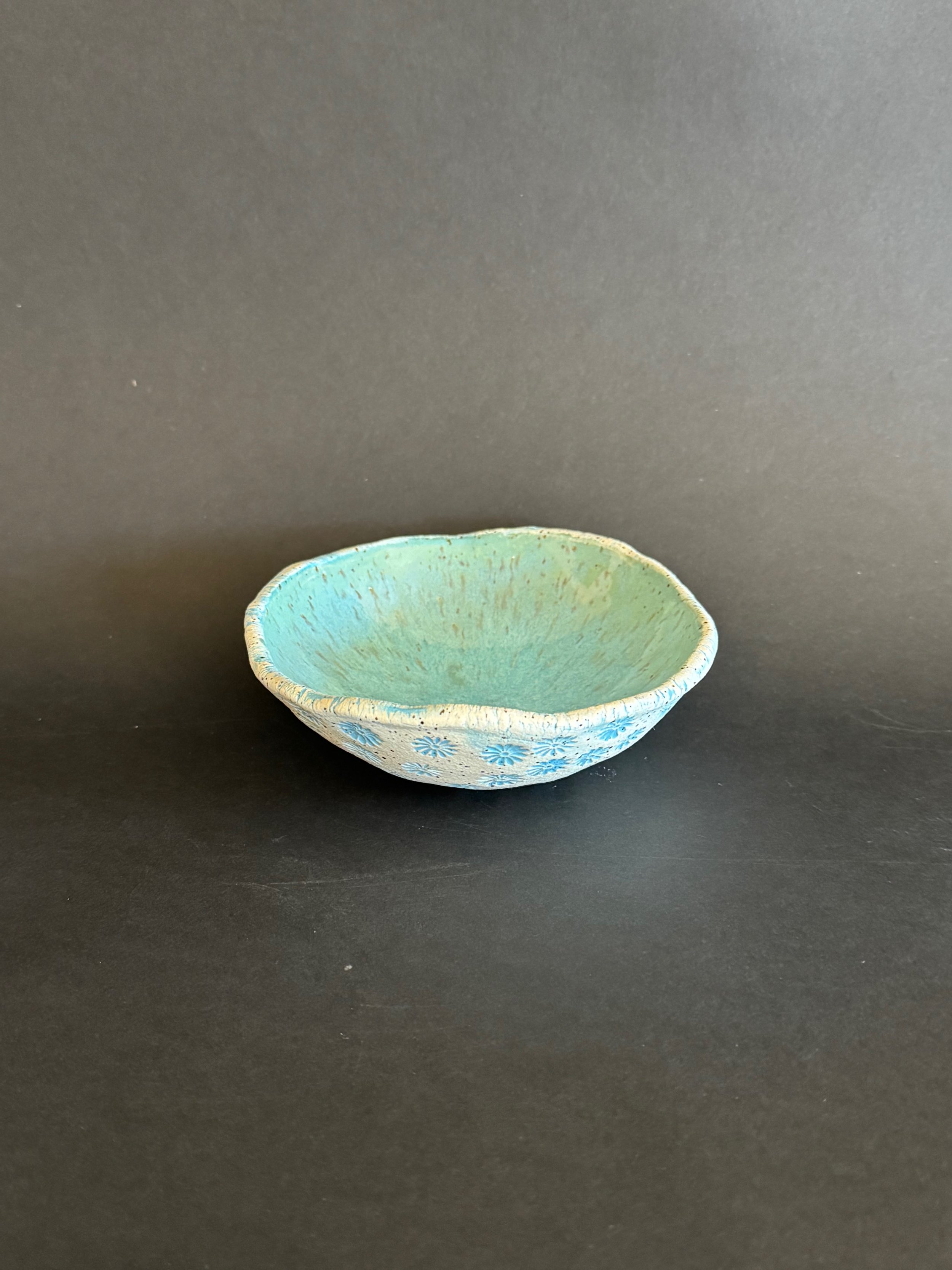 Trinket Bowl with Turquoise Float Glaze, Stamped and Stained Underside, Ermine Clay