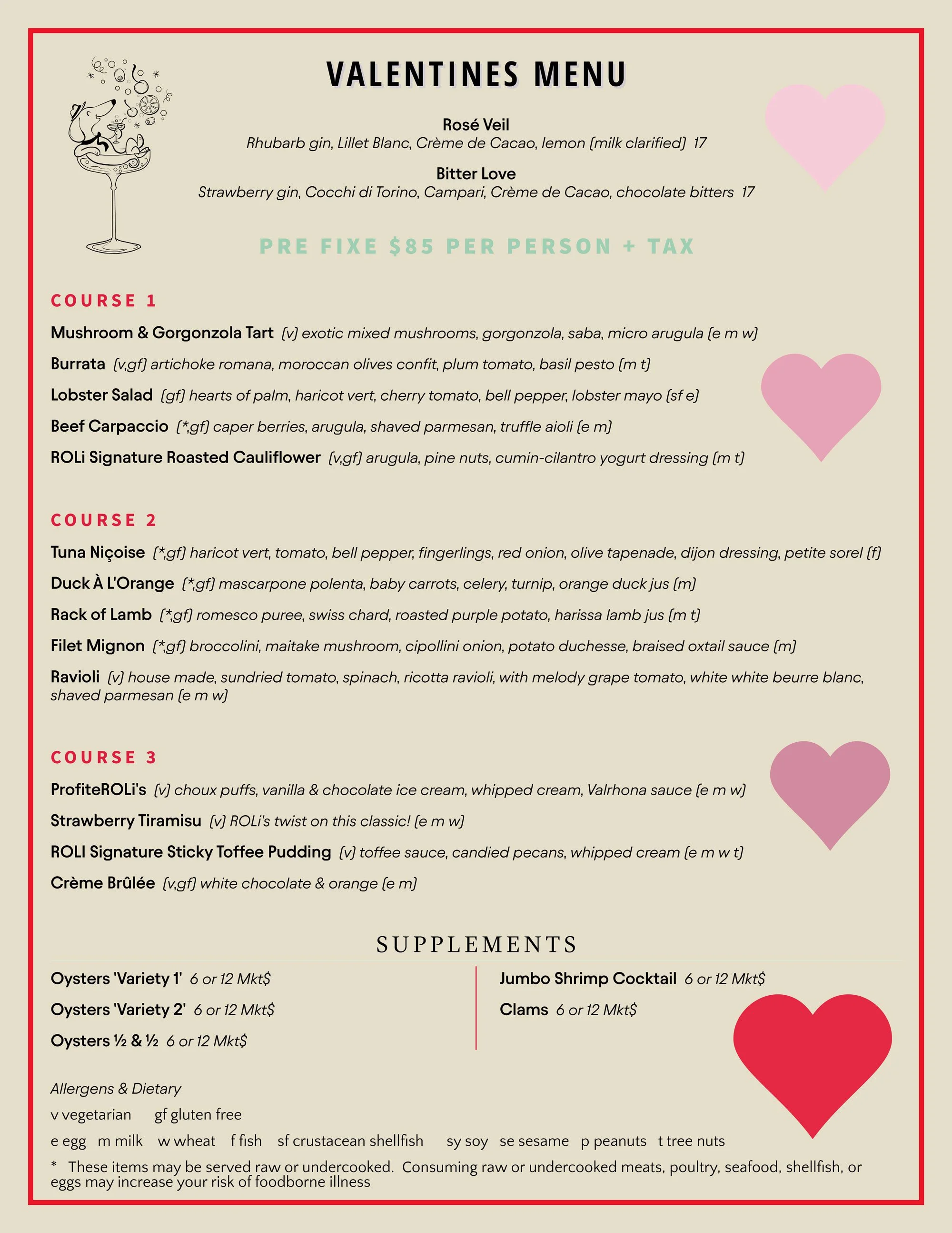 ROLi valentines menu which has items like cocktails and three courses such as Mushroom and gorgonzola tart Duck a L'orange and Roli's Strawberry Tiramisu