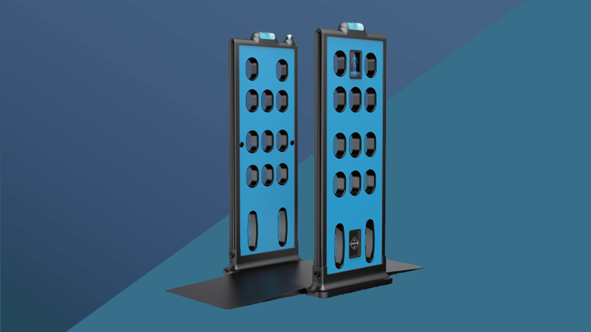 Two portable vertical exercise resistance machines with blue and black design, set on a dark floor against a blue background.
