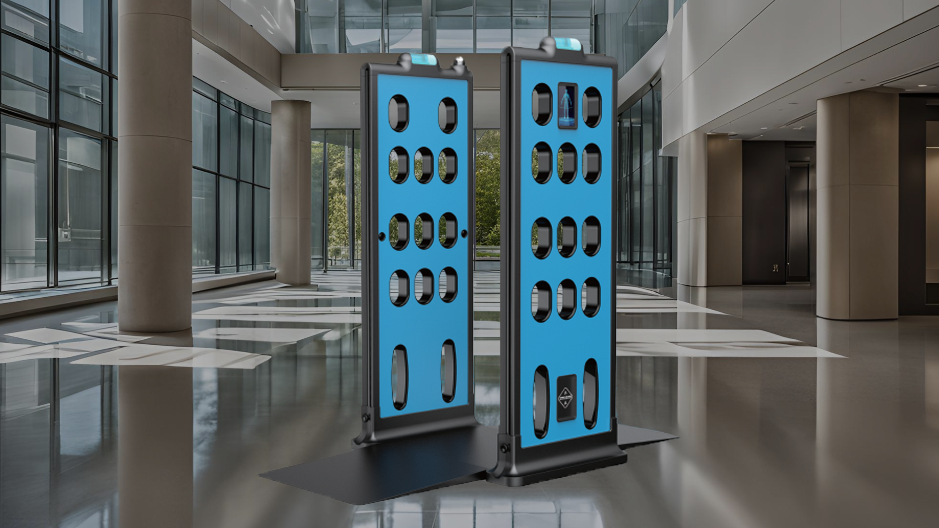 Blue and black portable agility ladder training equipment with multiple oval and rectangular cutouts, set up indoors near large glass windows and elevators.