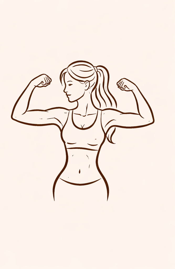 Line drawing of a woman with a ponytail flexing her biceps.