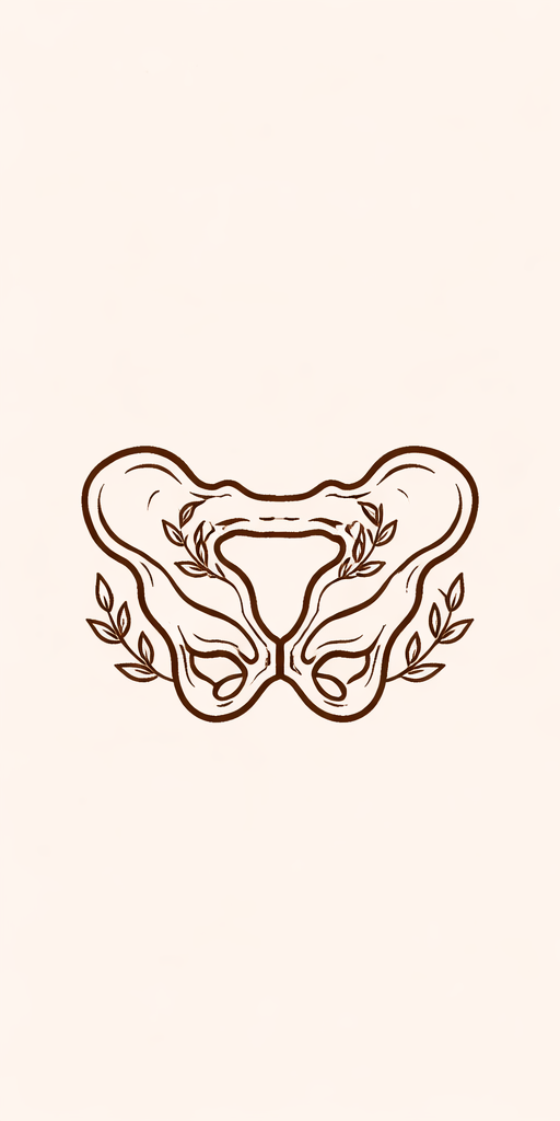 Illustration of a stylized female reproductive system with decorative leaves surrounding the fallopian tubes.