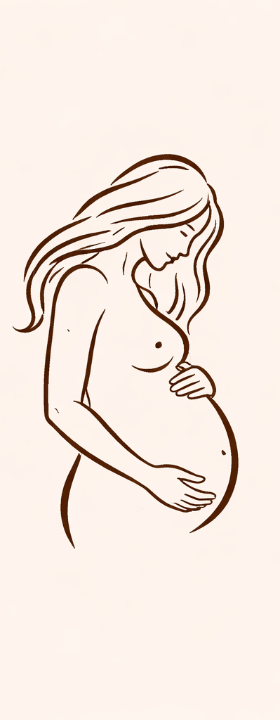 Line drawing of a pregnant woman with long hair, gently holding her belly.
