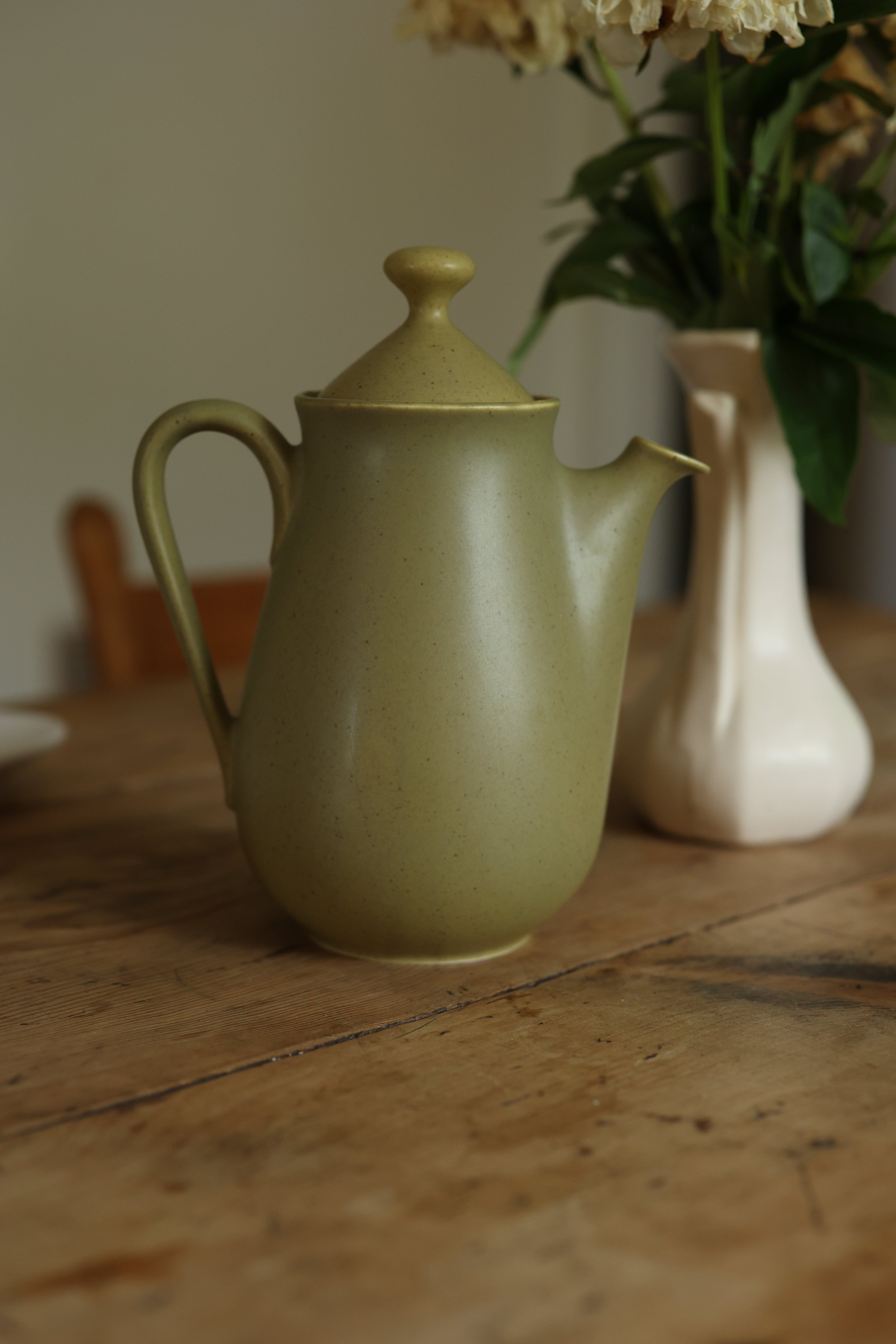 Vintage Olive Green Stoneware Coffee Pot