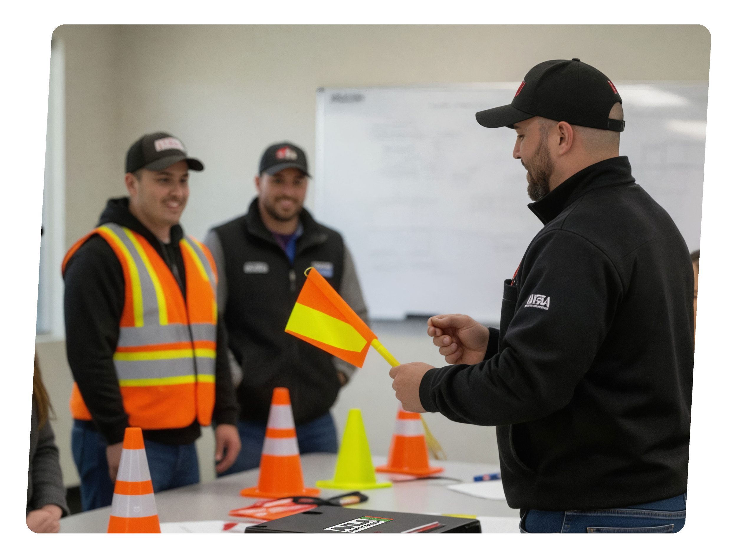 Group of people attending a traffic safety or work safety class, with traffic cones and a person holding a safety flag in a classroom setting.