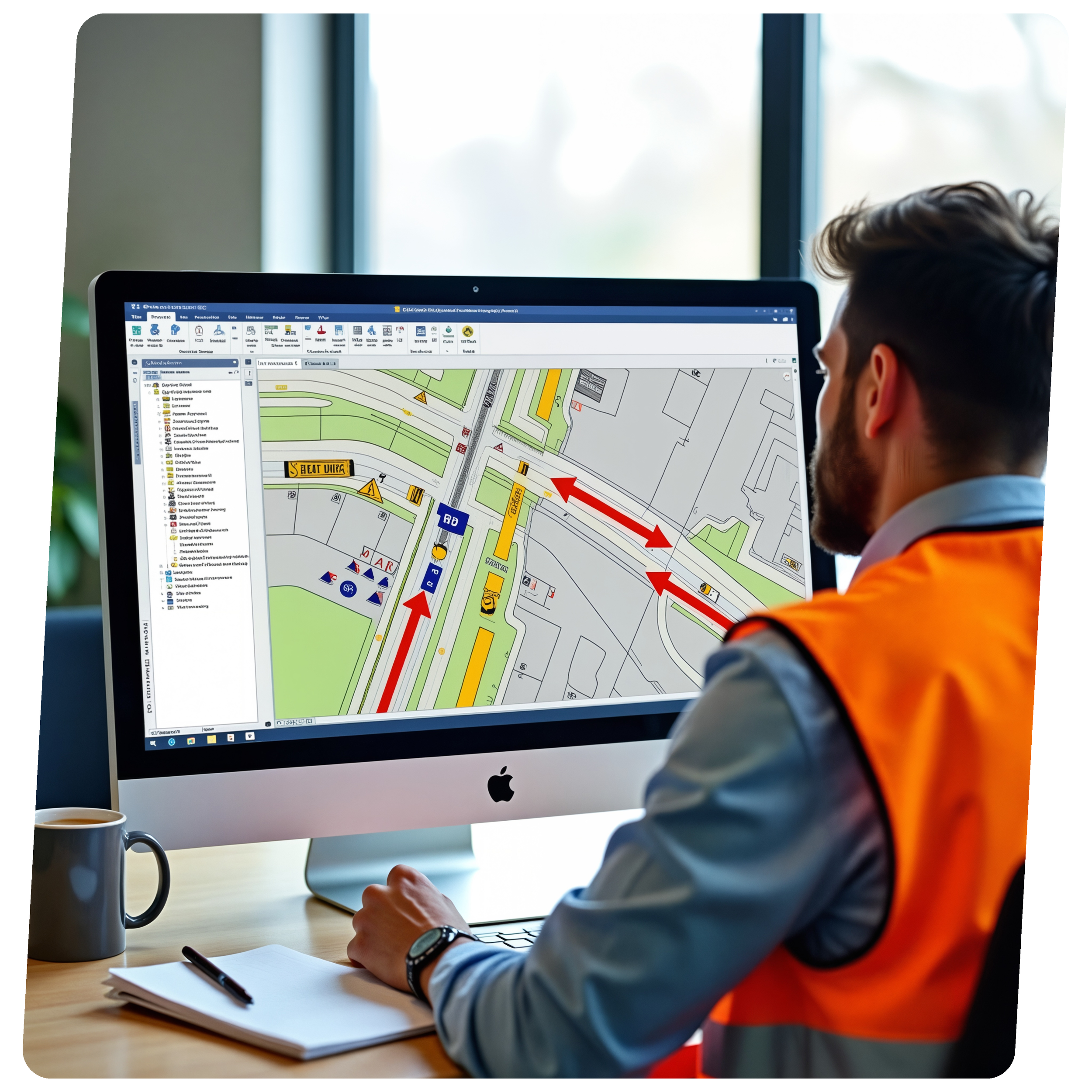 A man in an orange safety vest and light blue shirt working on a computer displaying a city map with construction and traffic management signs, arrows indicating traffic flow, and construction zones.